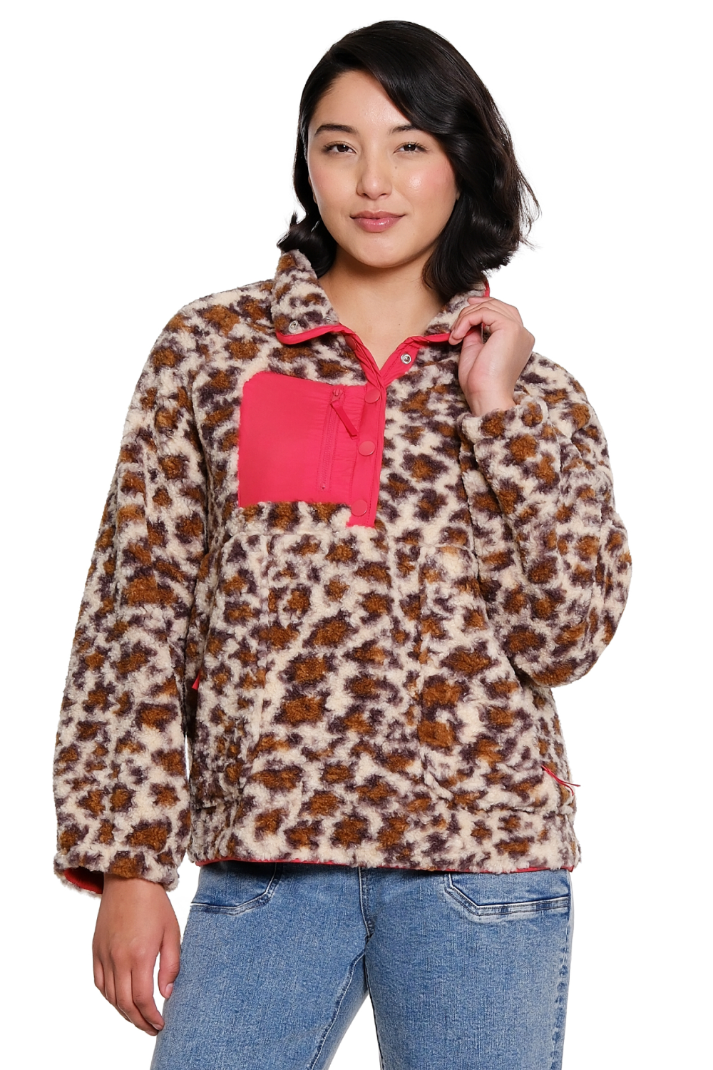 Leopard Snap Front Fleece Pullover