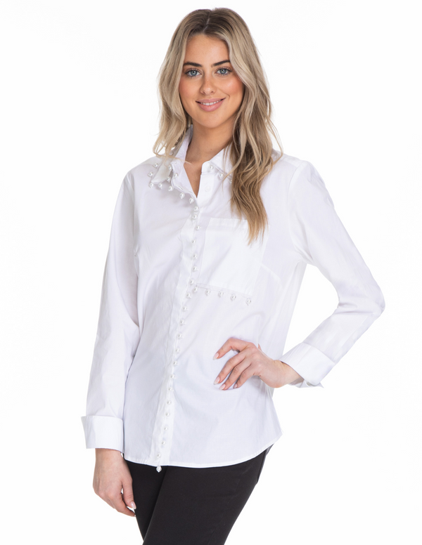Button Up Shirt with Pearl Detail - White