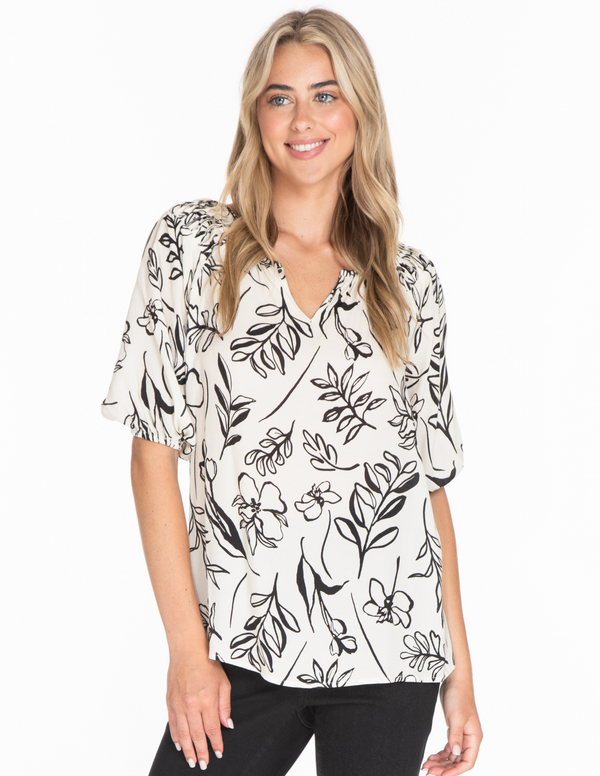 PRINT PEASANT TOP WITH EMBROIDERY- Black Print