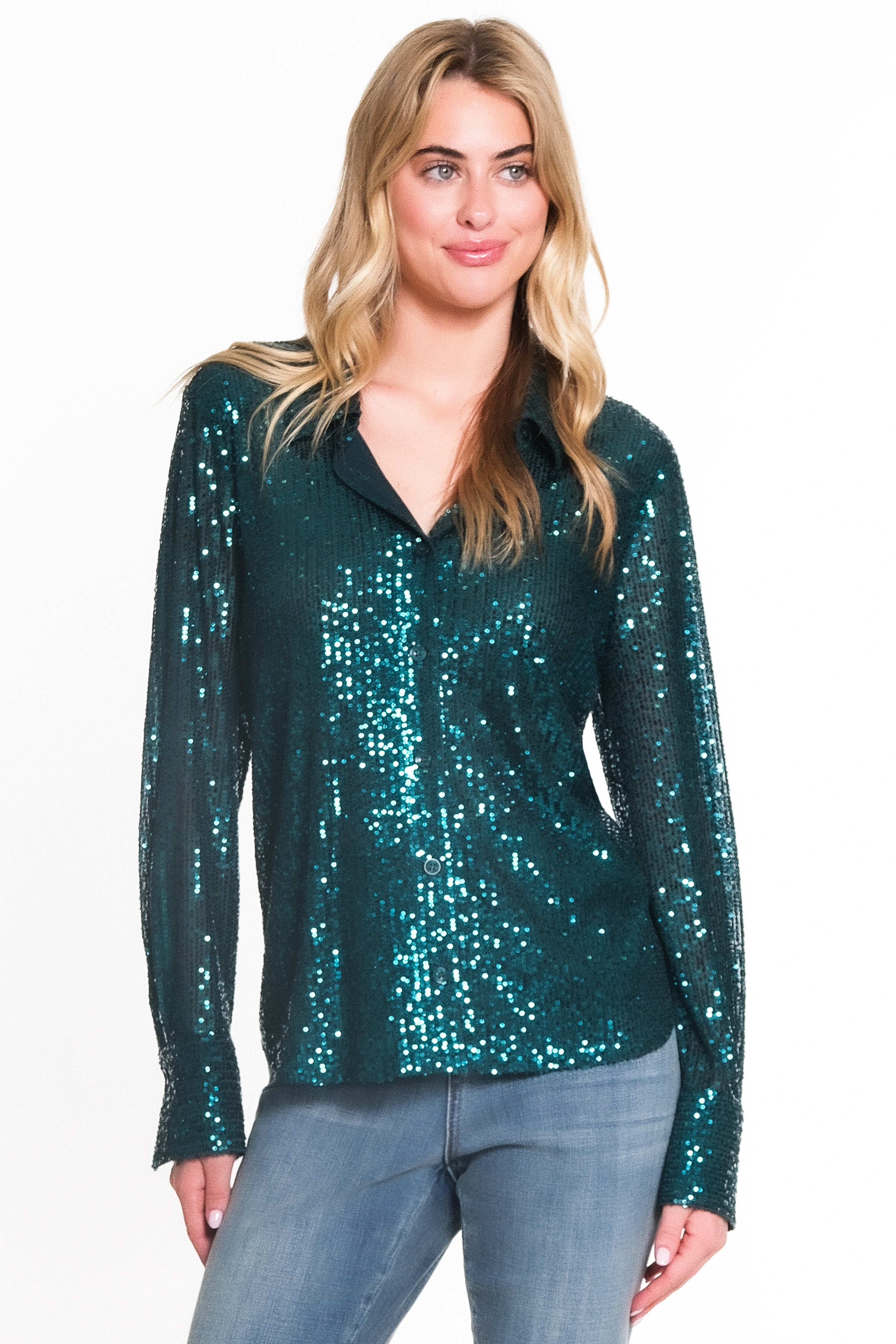 green sequin blouse