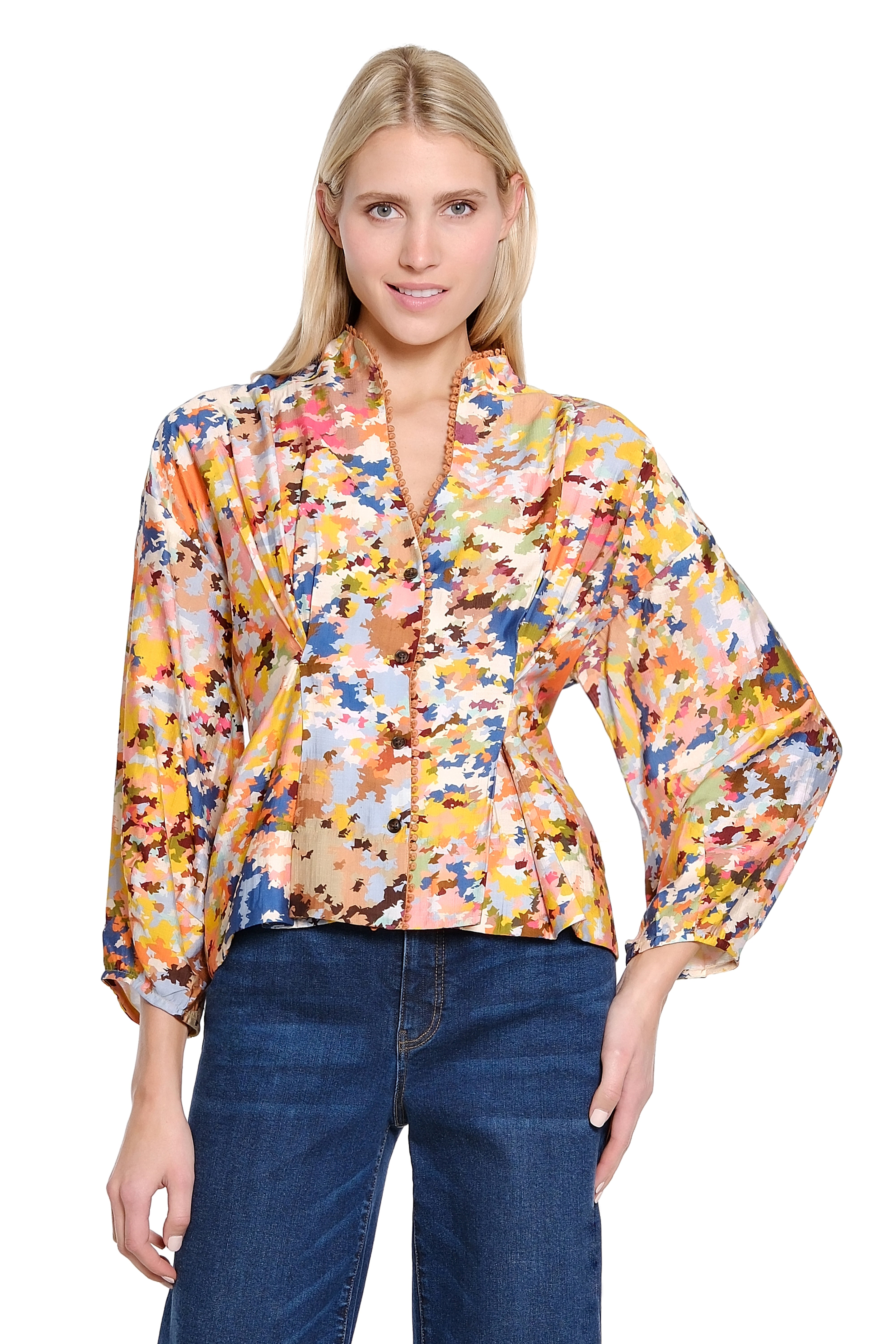 Cinched Waist Printed Top with Lantern Sleeves - Multi