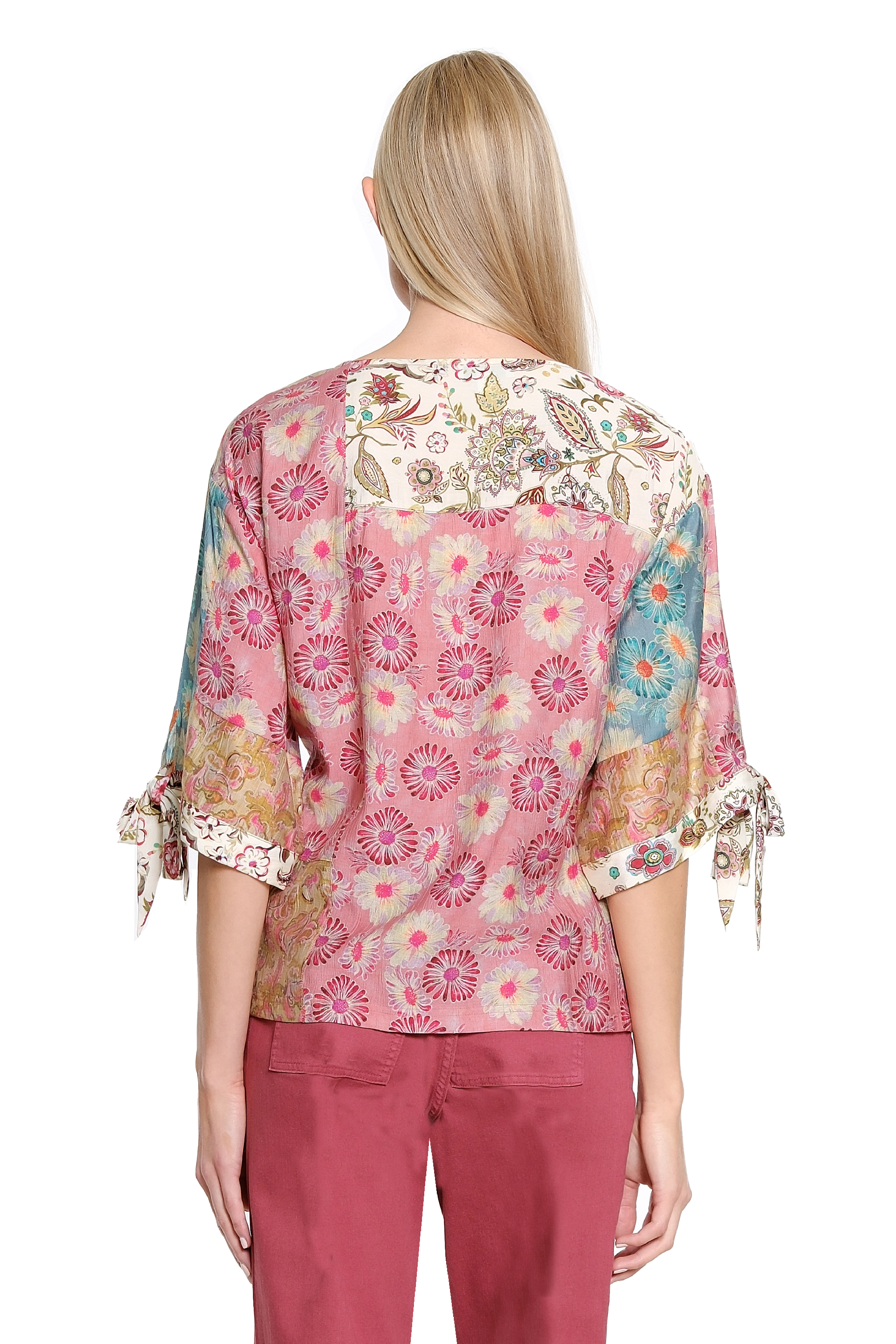 Patched Print Tie Sleeve Boxy Top - Multi - view 2