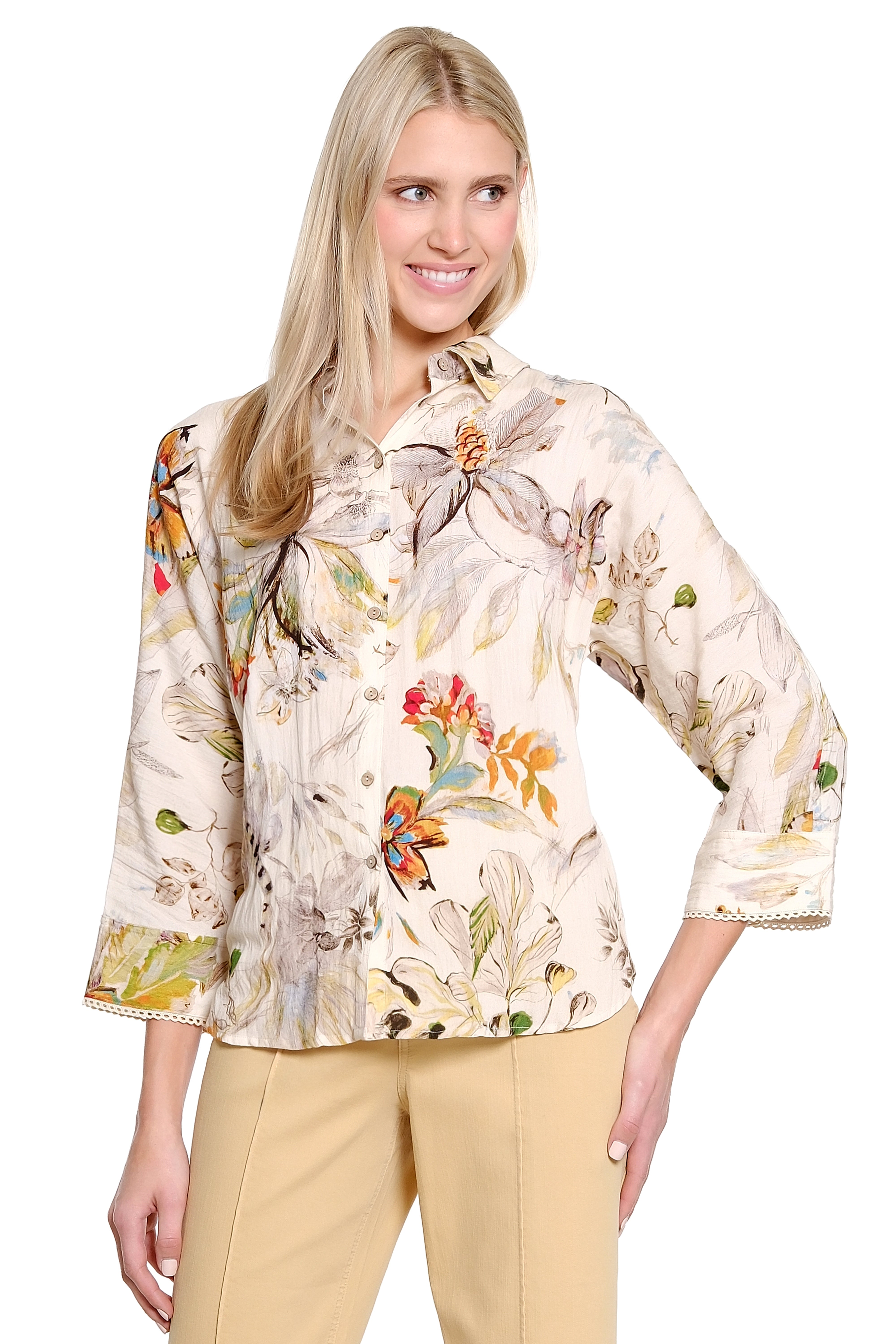 Print Button Up Blouse with Lace Edge Trim - Multi