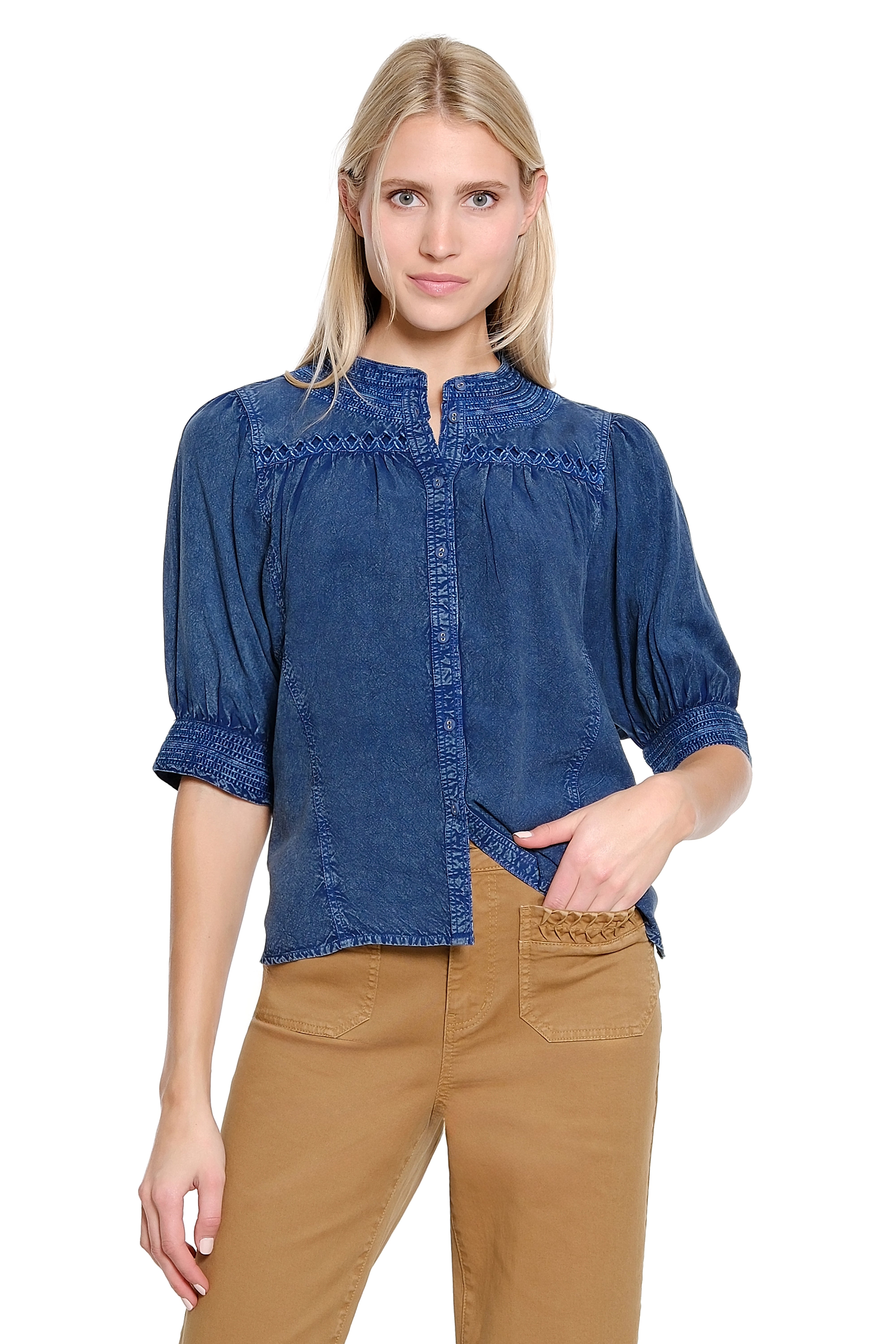 Button Front Stand Collar Top with Embroidery - Blue