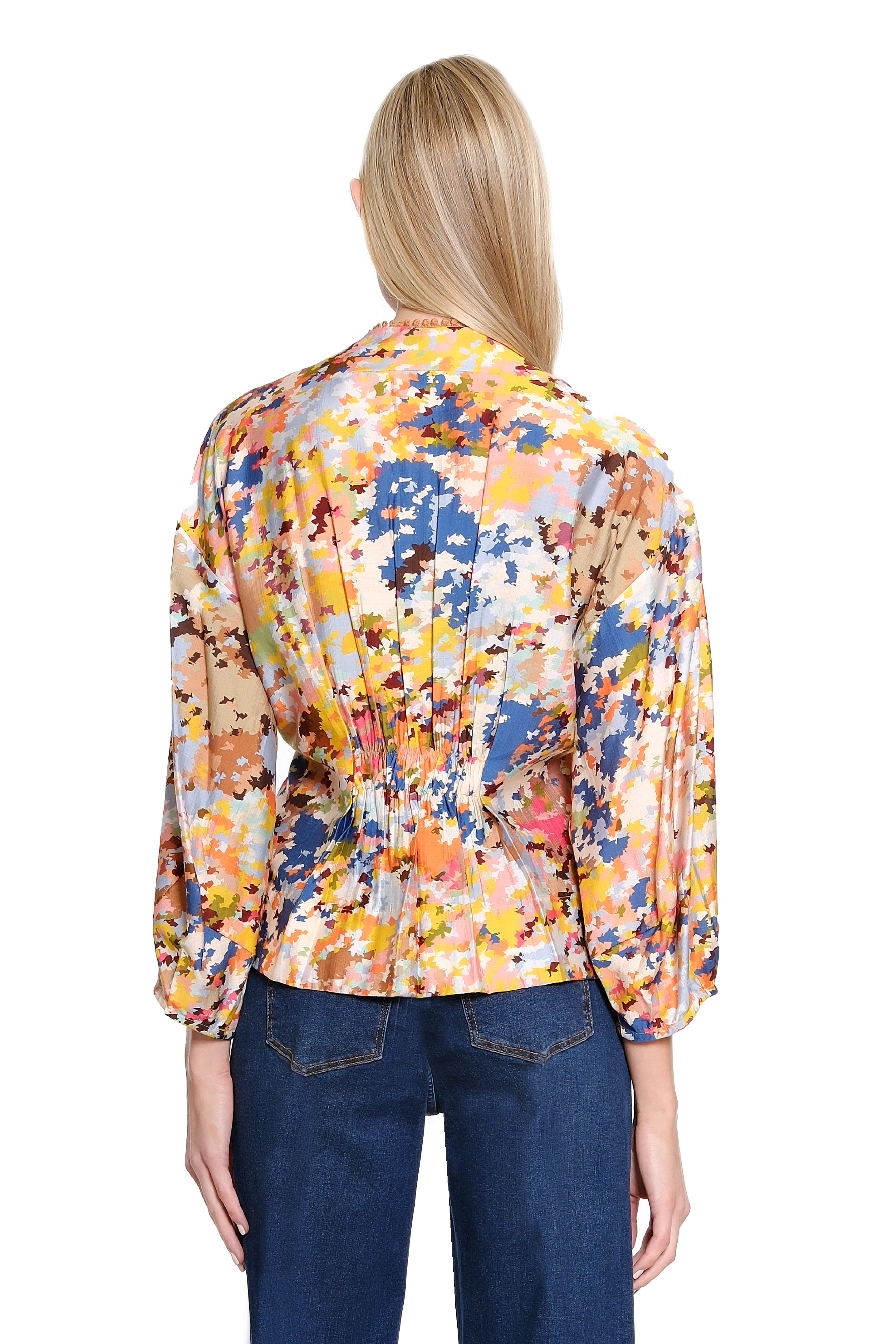Cinched Waist Printed Top with Lantern Sleeves - Multi - view 2