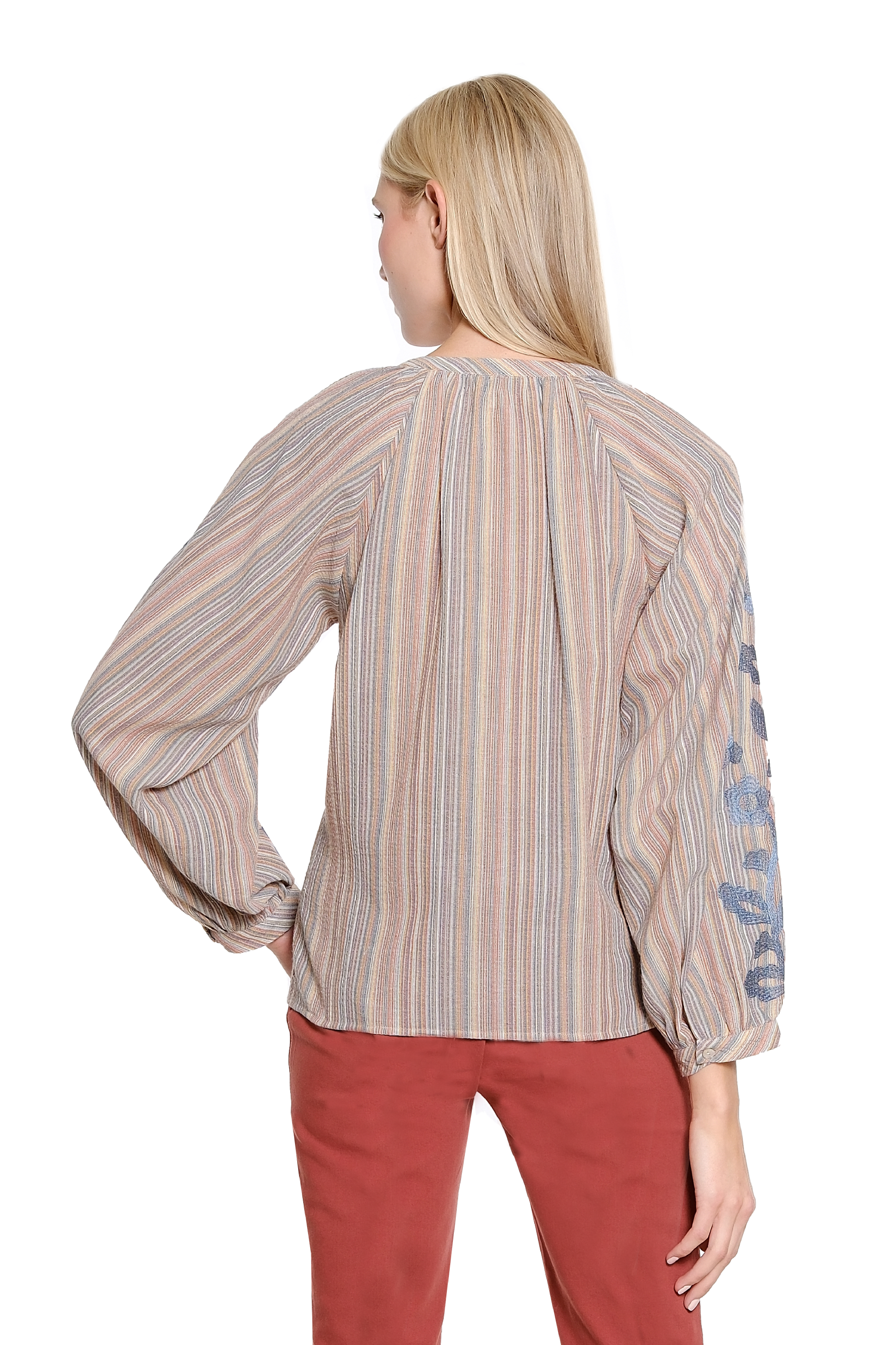 Split Neck Button Front Top with Embroidery - Multi - view 2