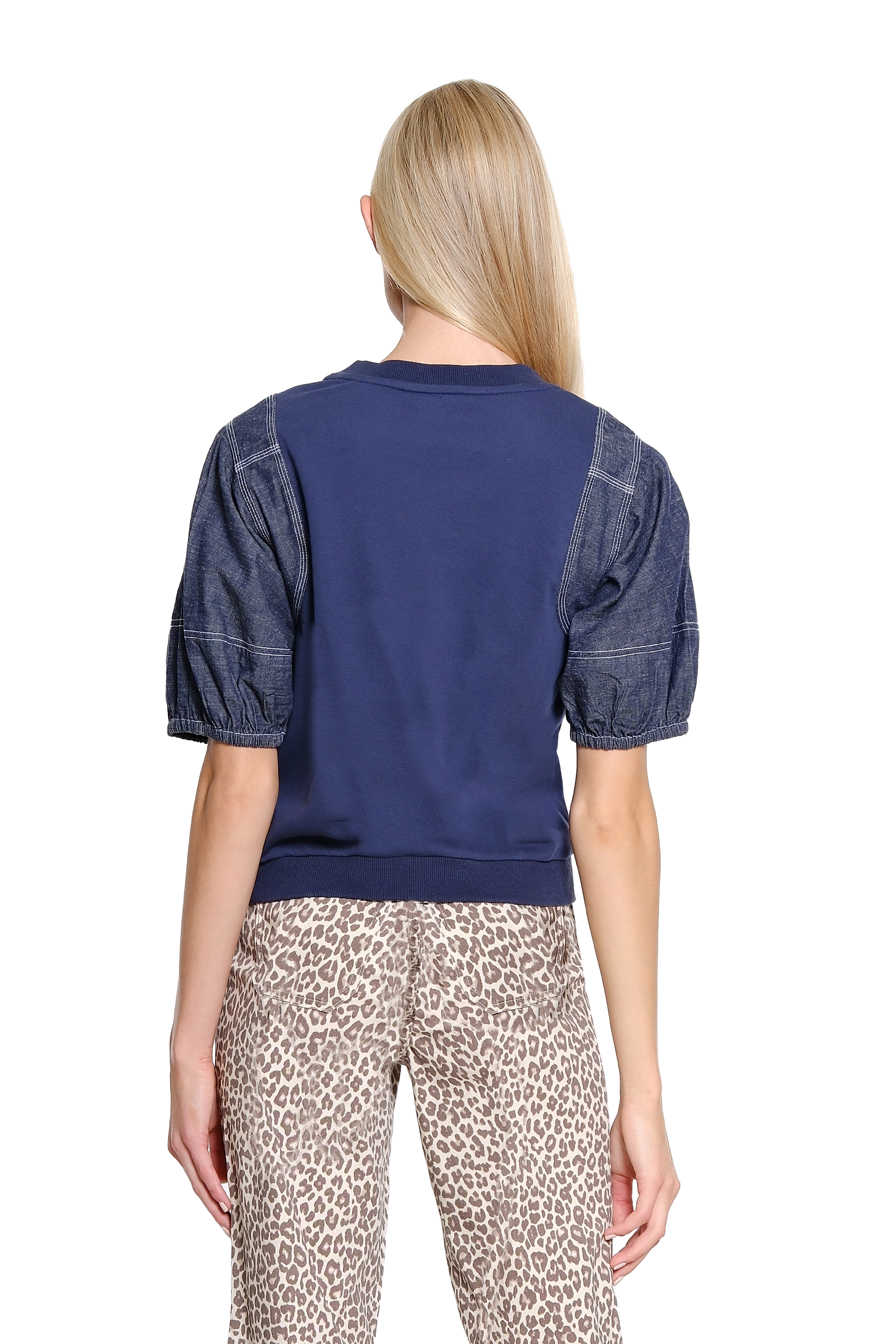 Knit Top Popover with Denim Sleeves - Medium Blue - view 2