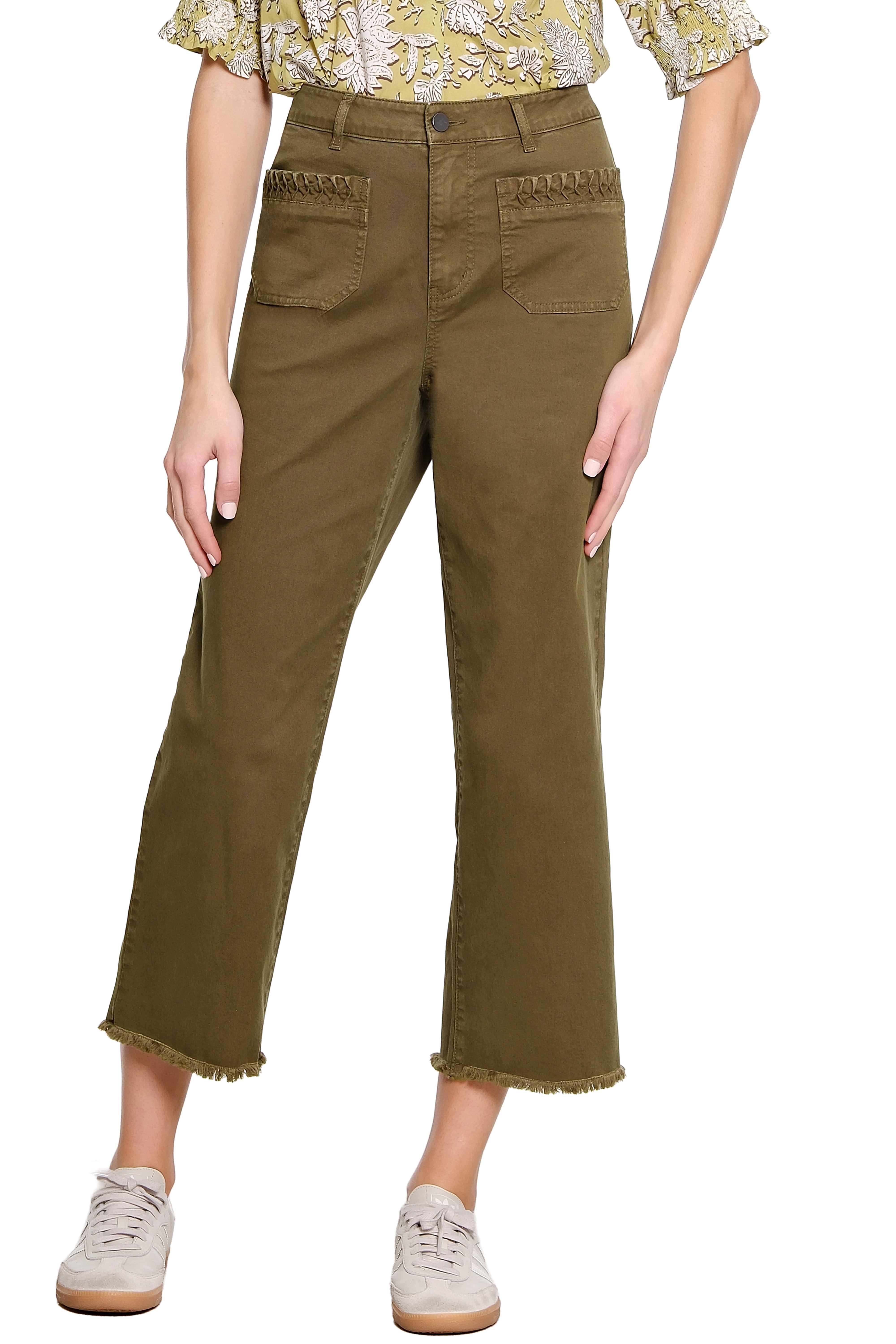 Wide Leg Crop Jean with Pleated Pocket Detail - Dark Olive