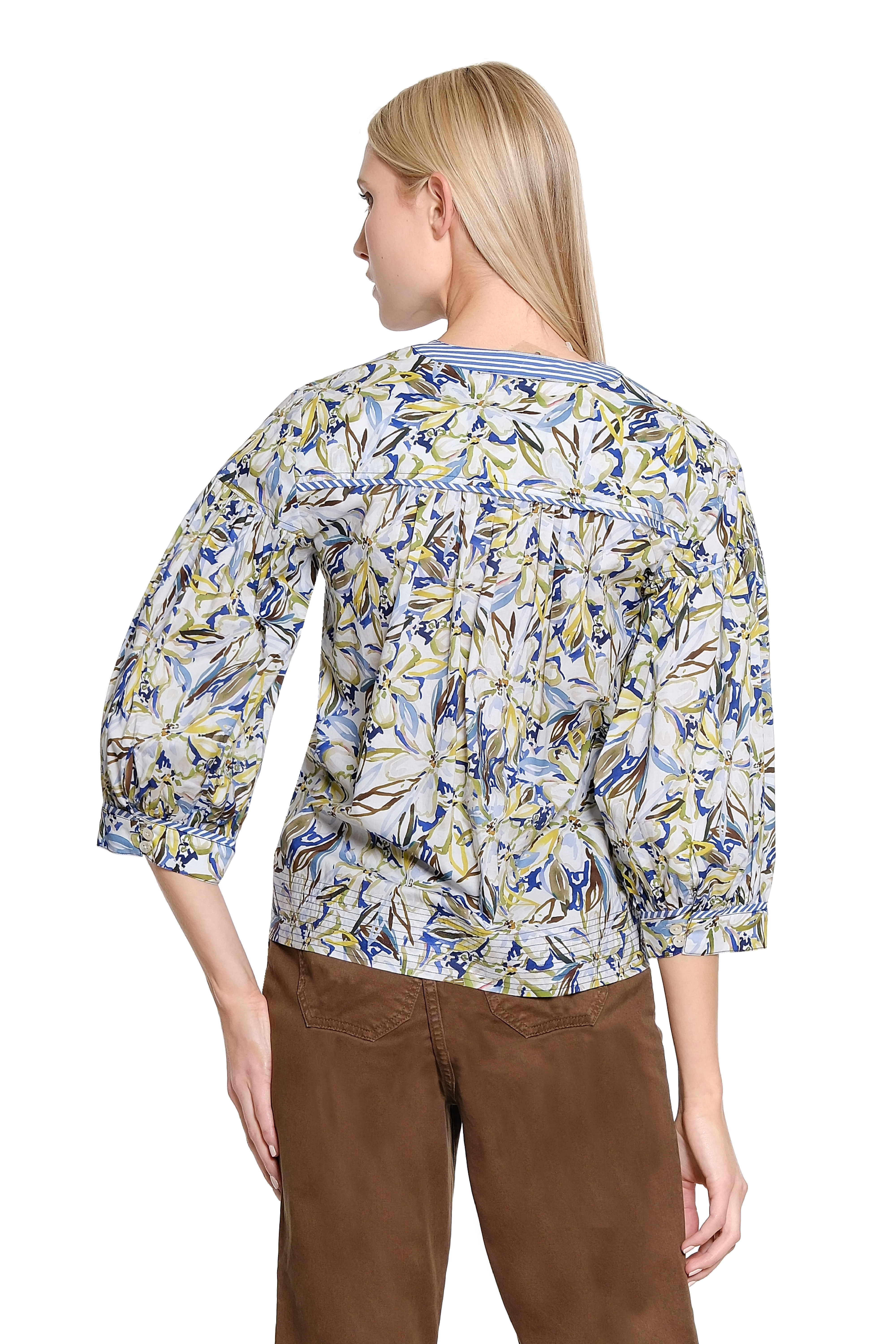 Print Split Neck Popover with Trapunto Stitch Hem - Multi - view 2