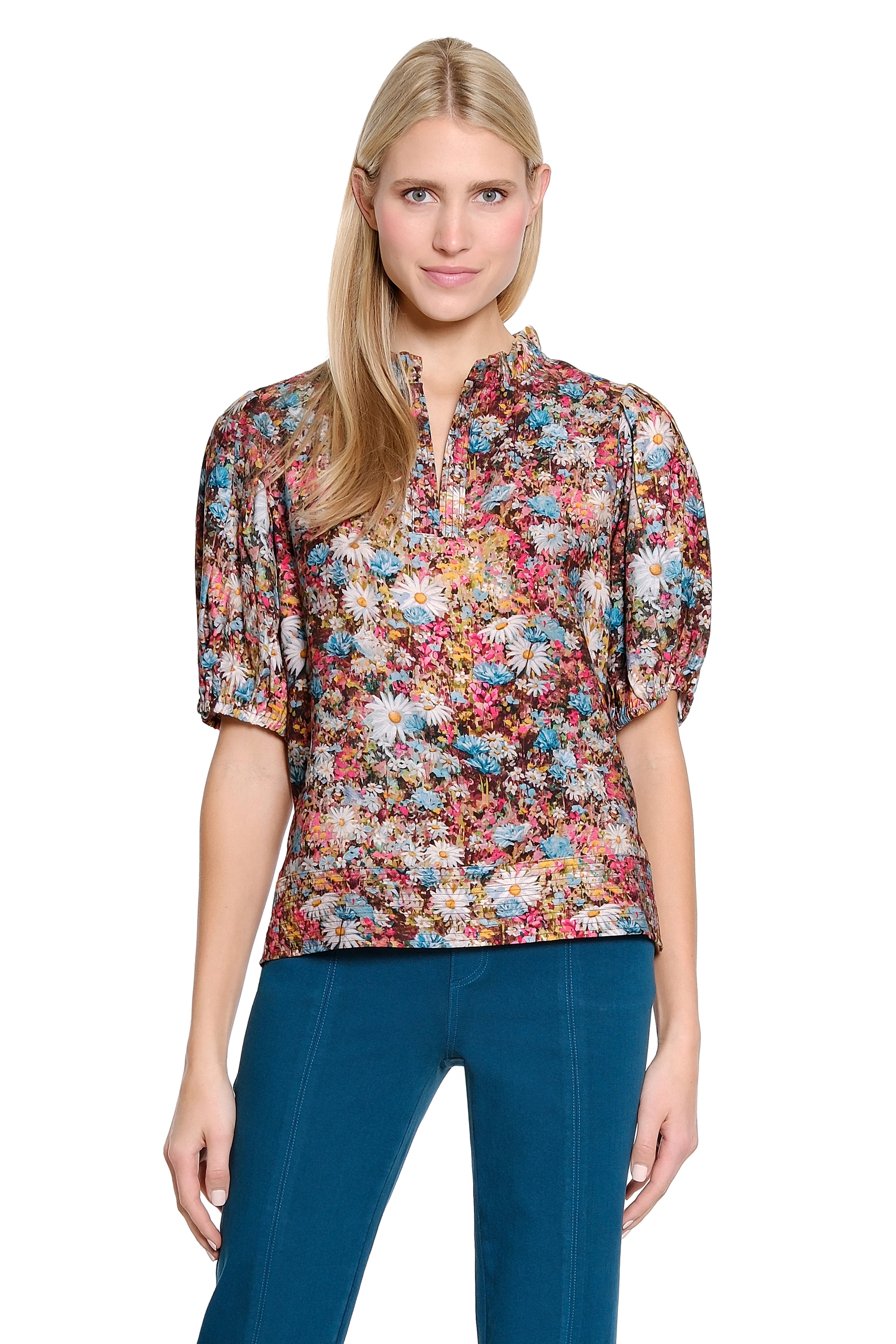 Split Neck Printed Popover Top - Multi