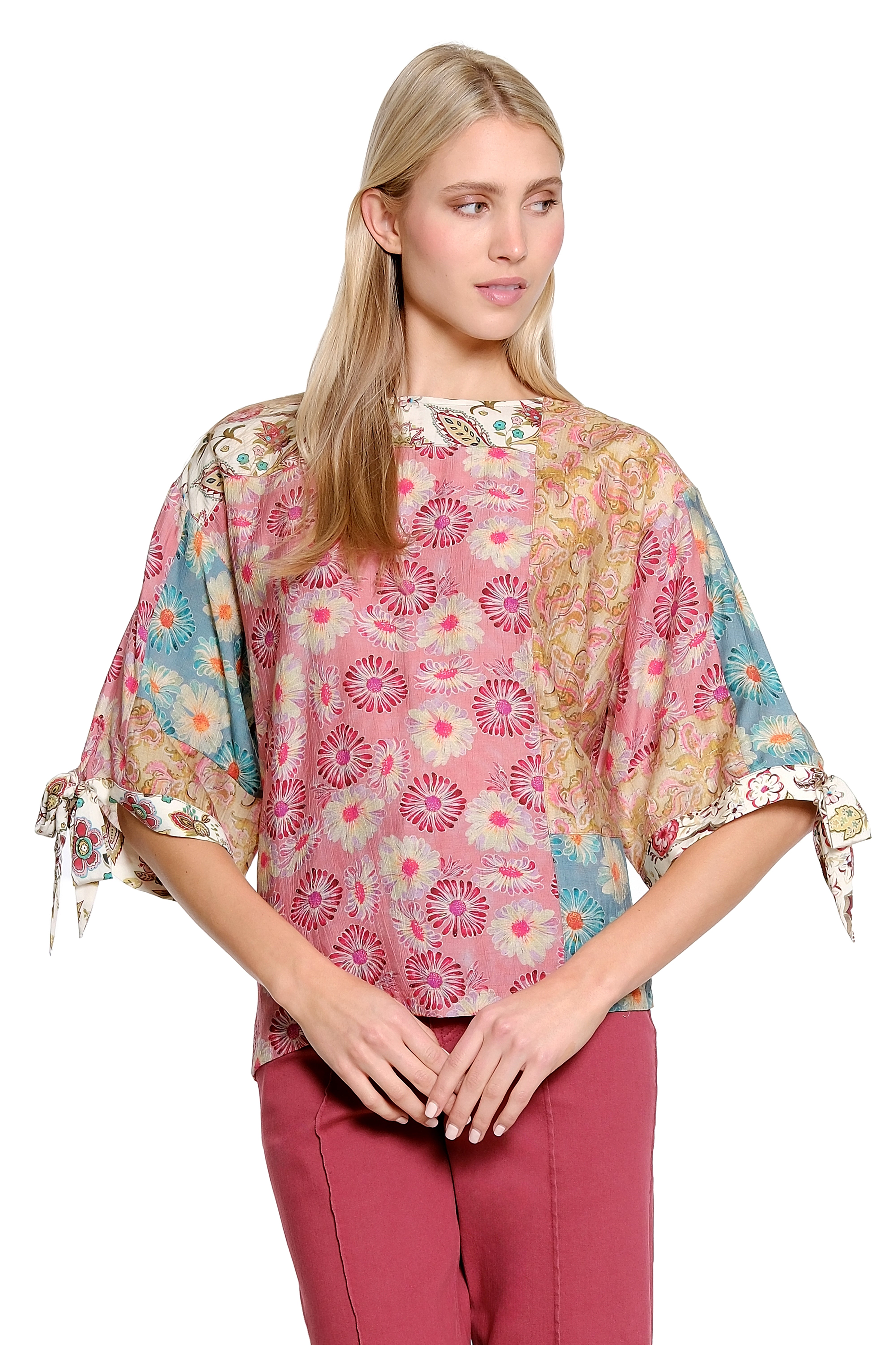 Patched Print Tie Sleeve Boxy Top - Multi