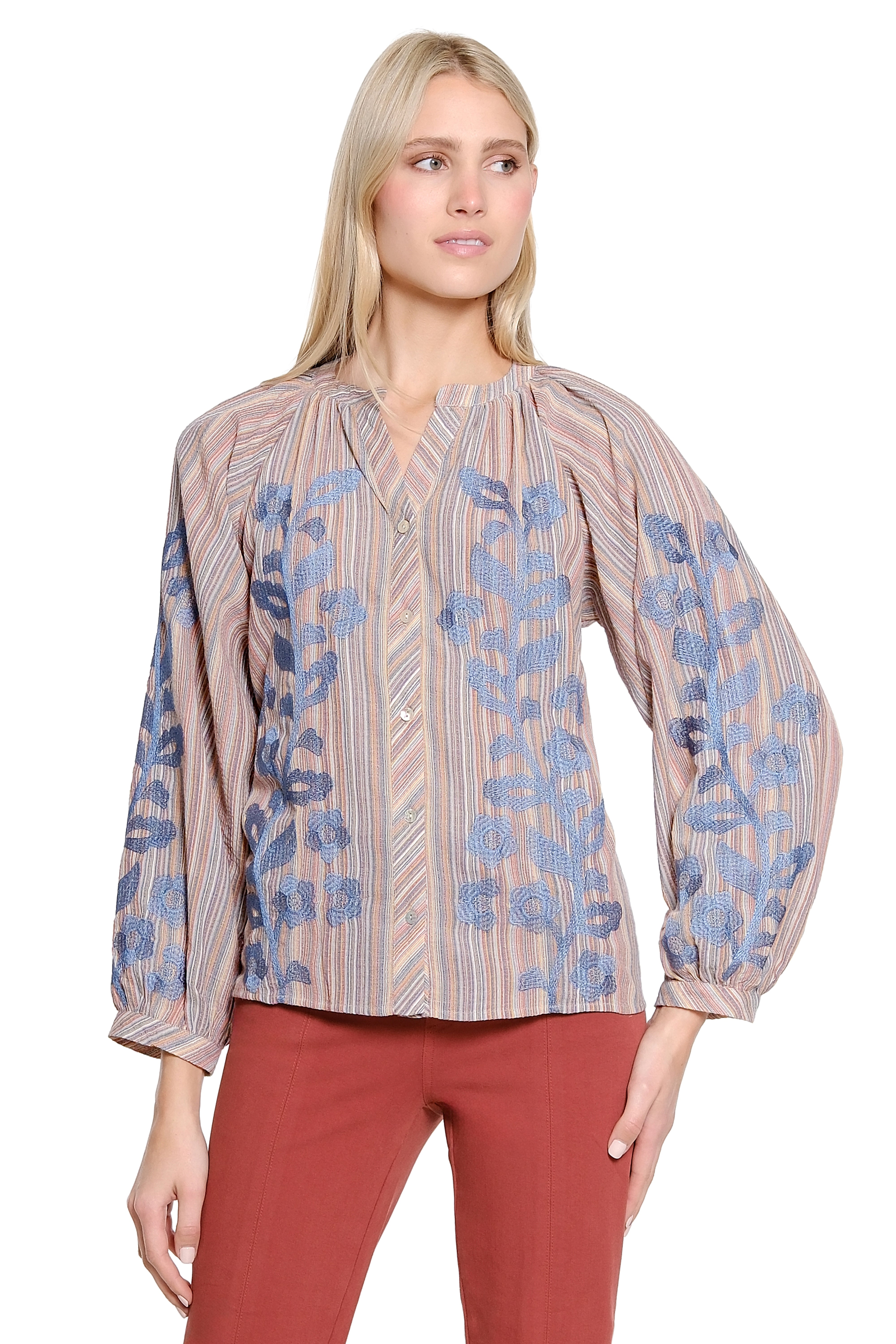 Split Neck Button Front Top with Embroidery - Multi
