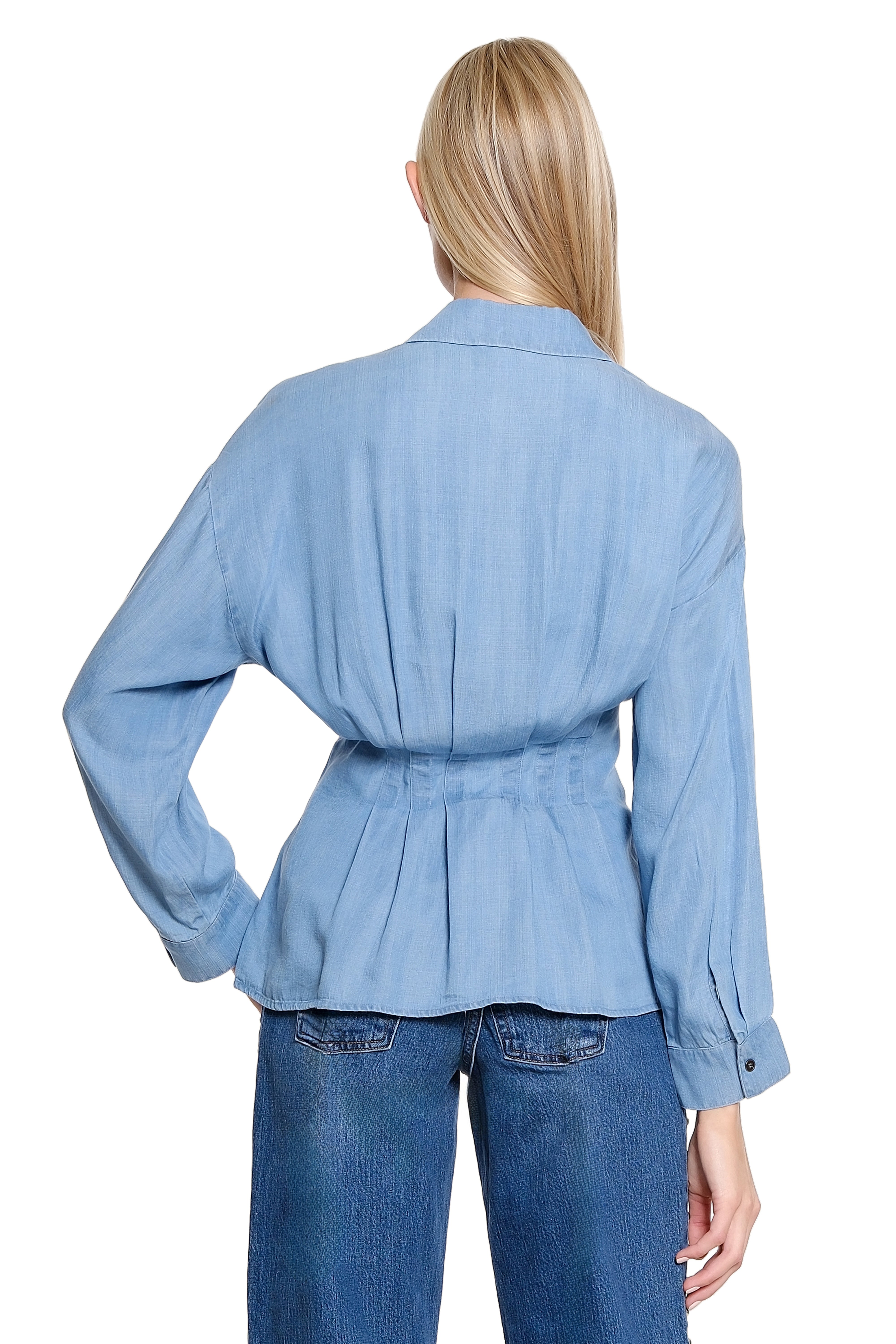 Tucked Waist Long Sleeve Button Up Shirt - Light Blue - view 2