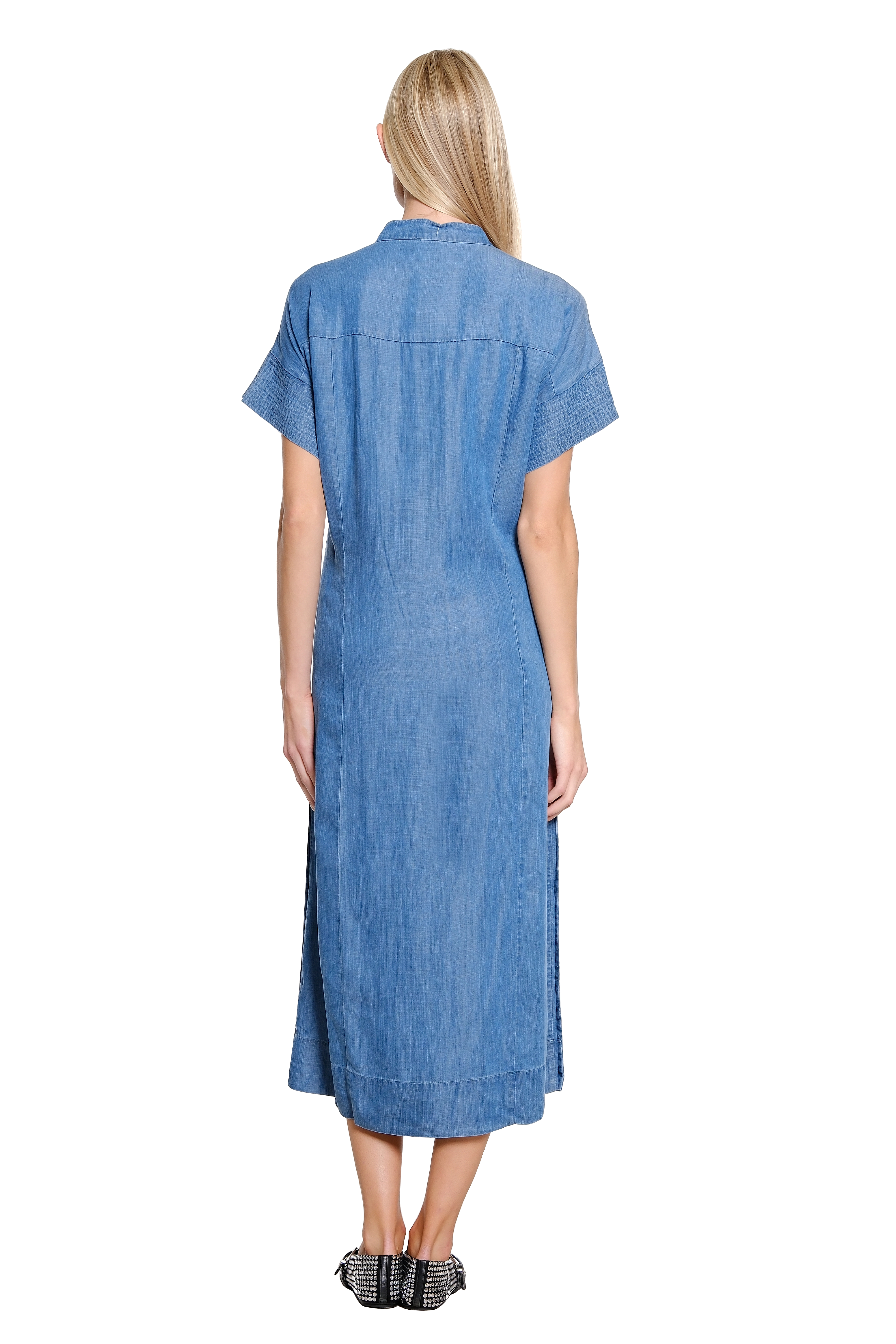 Pullover Dress with Button Closures and Trapunto Stitching - Medium Blue - view 2