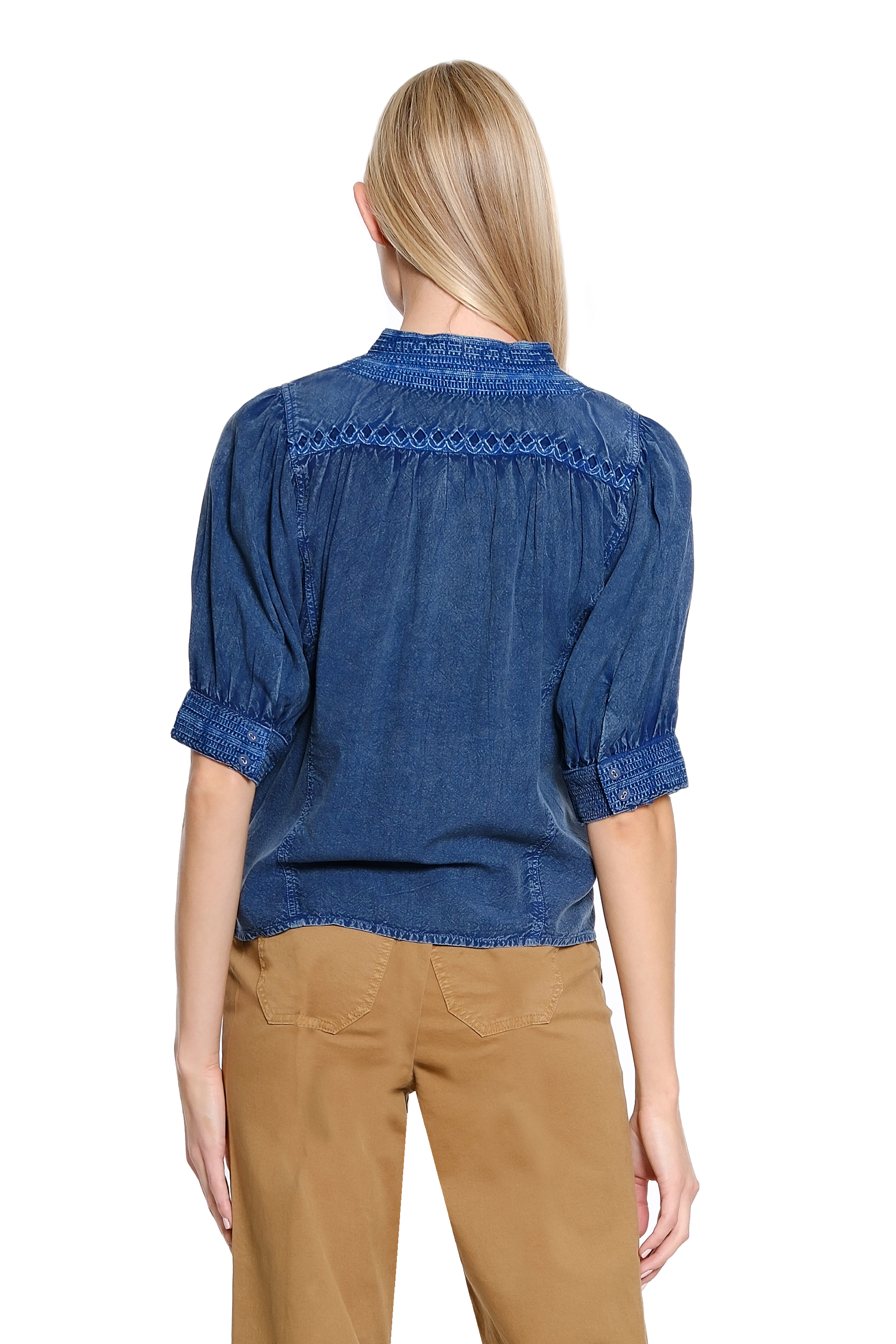 Button Front Stand Collar Top with Embroidery - Blue - view 2
