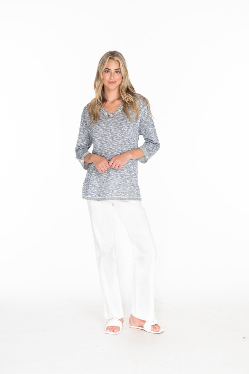 V-NECK KNIT TOP WITH EMBELLISHMENTS - Heather Blue