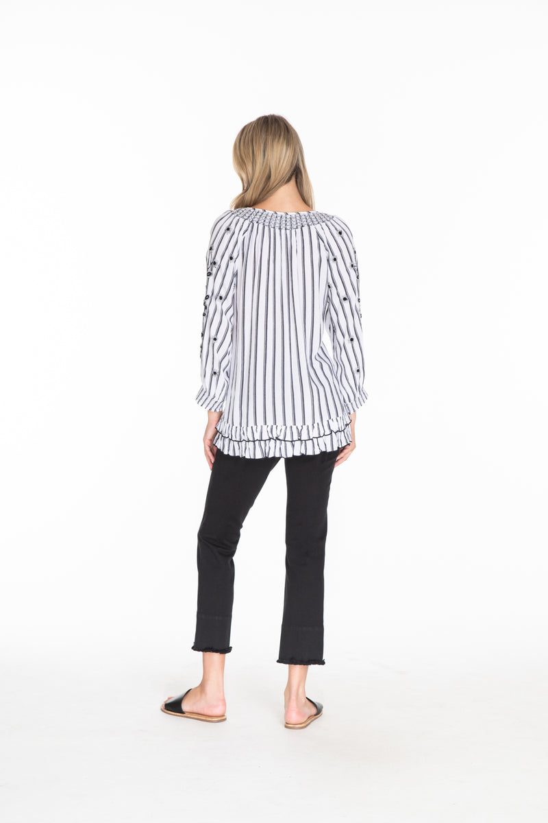 PEASANT TOP WITH SMOCKING AND EMBROIDERY - Black Stripe