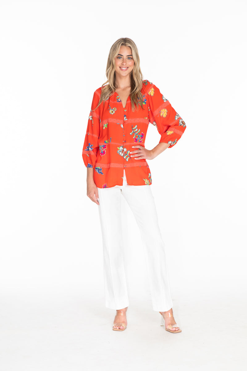 BUTTON FRONT PRINT TOP WITH EYELET INSETS - Multi