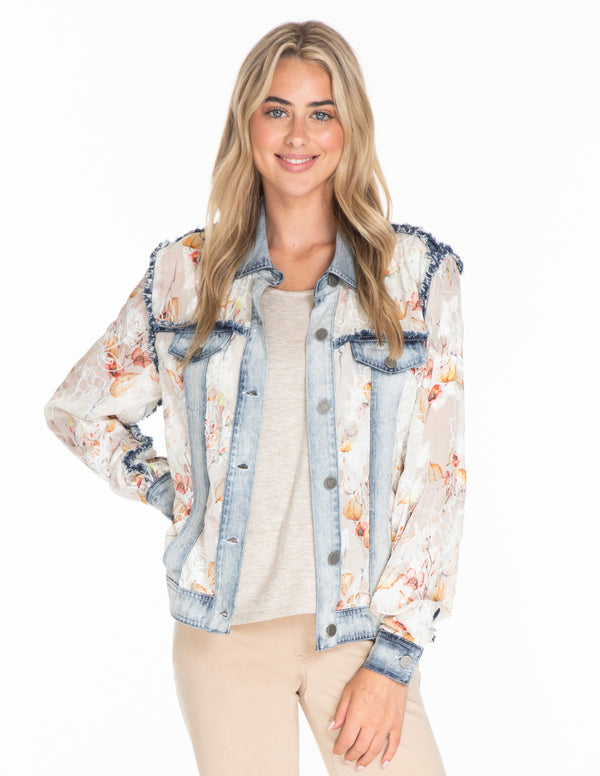 ORGANZA EMBROIDERED JEAN JACKET - Neutral Print