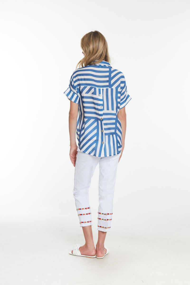 Button Front Striped Camp Shirt- Chambray