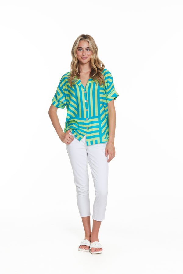 Button Front Striped Camp Shirt- Green Turquoise