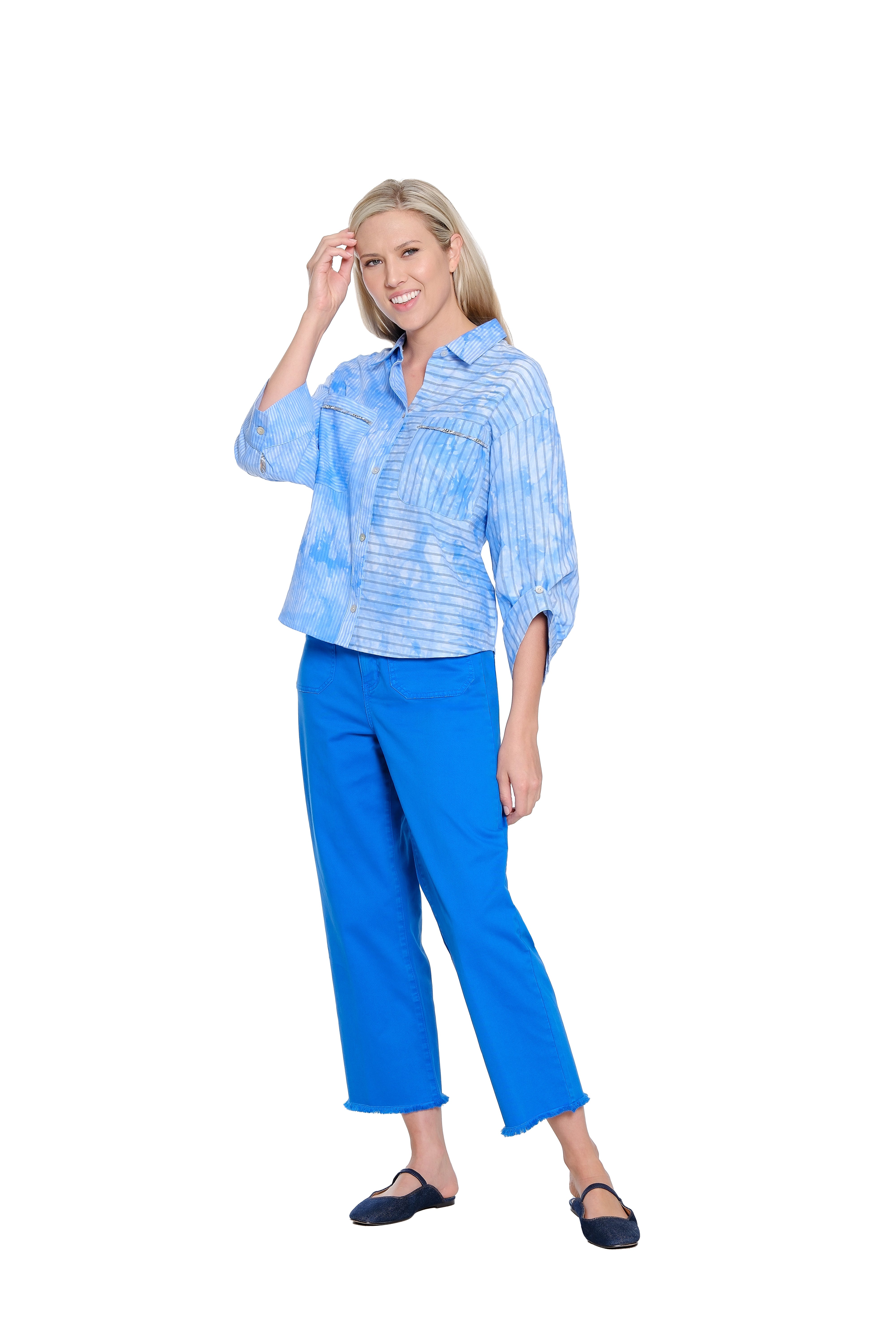 Wide Leg Crop with Pleated Patch Pocket Detail - Blue