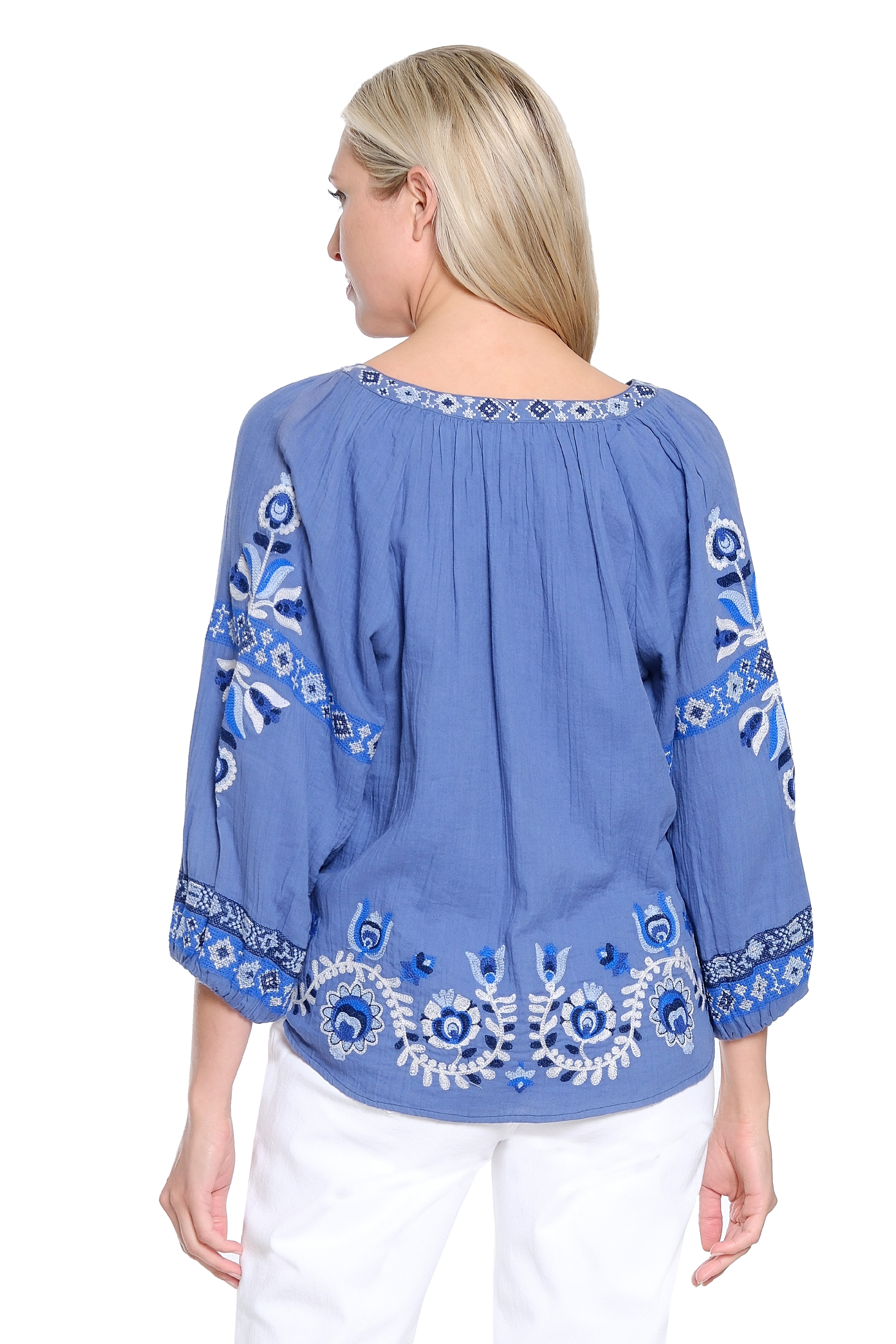Embroidered Split-Neck Popover Top - Blue