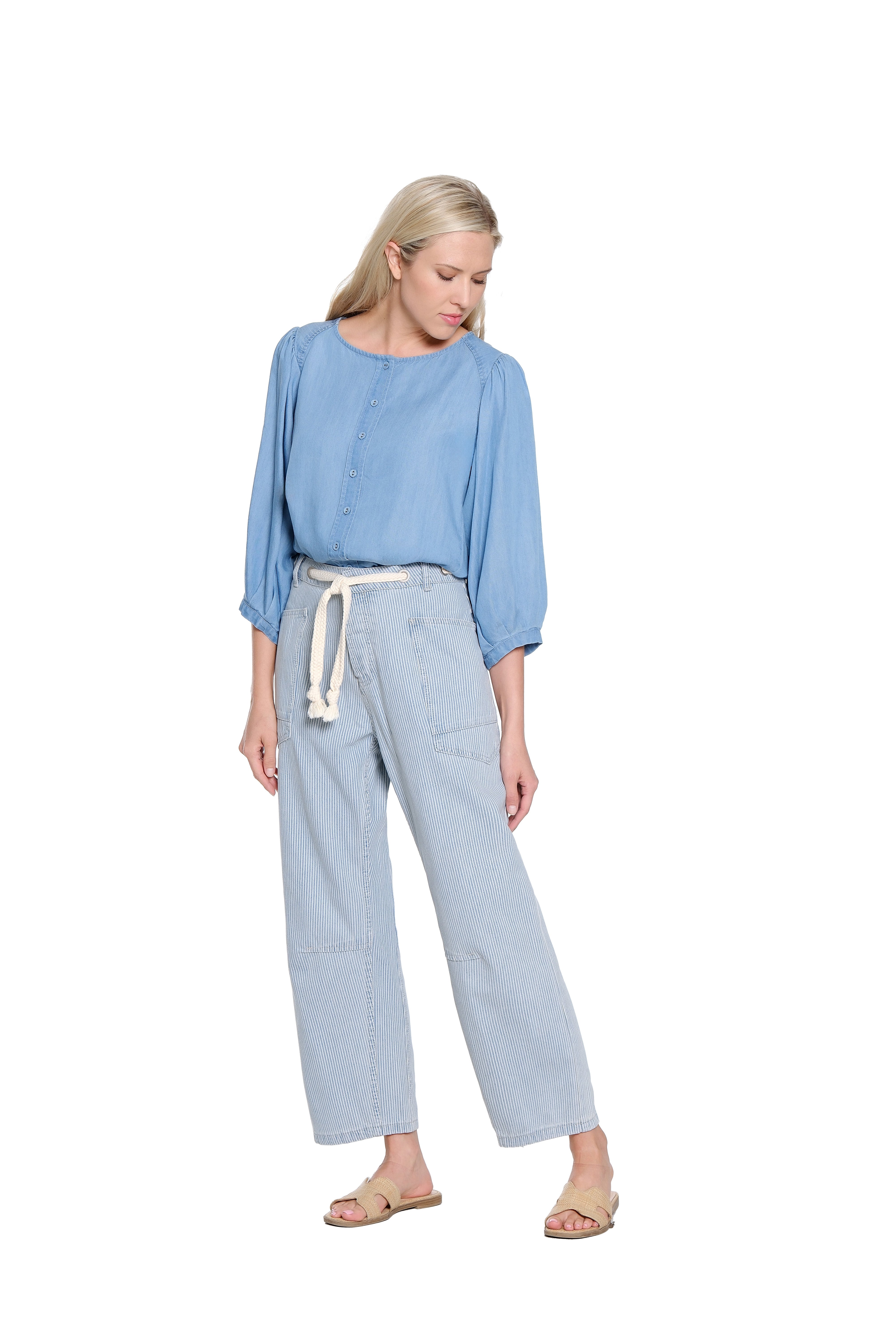 Striped Barrel Leg Pant with Tie Belt - Blue Stripe