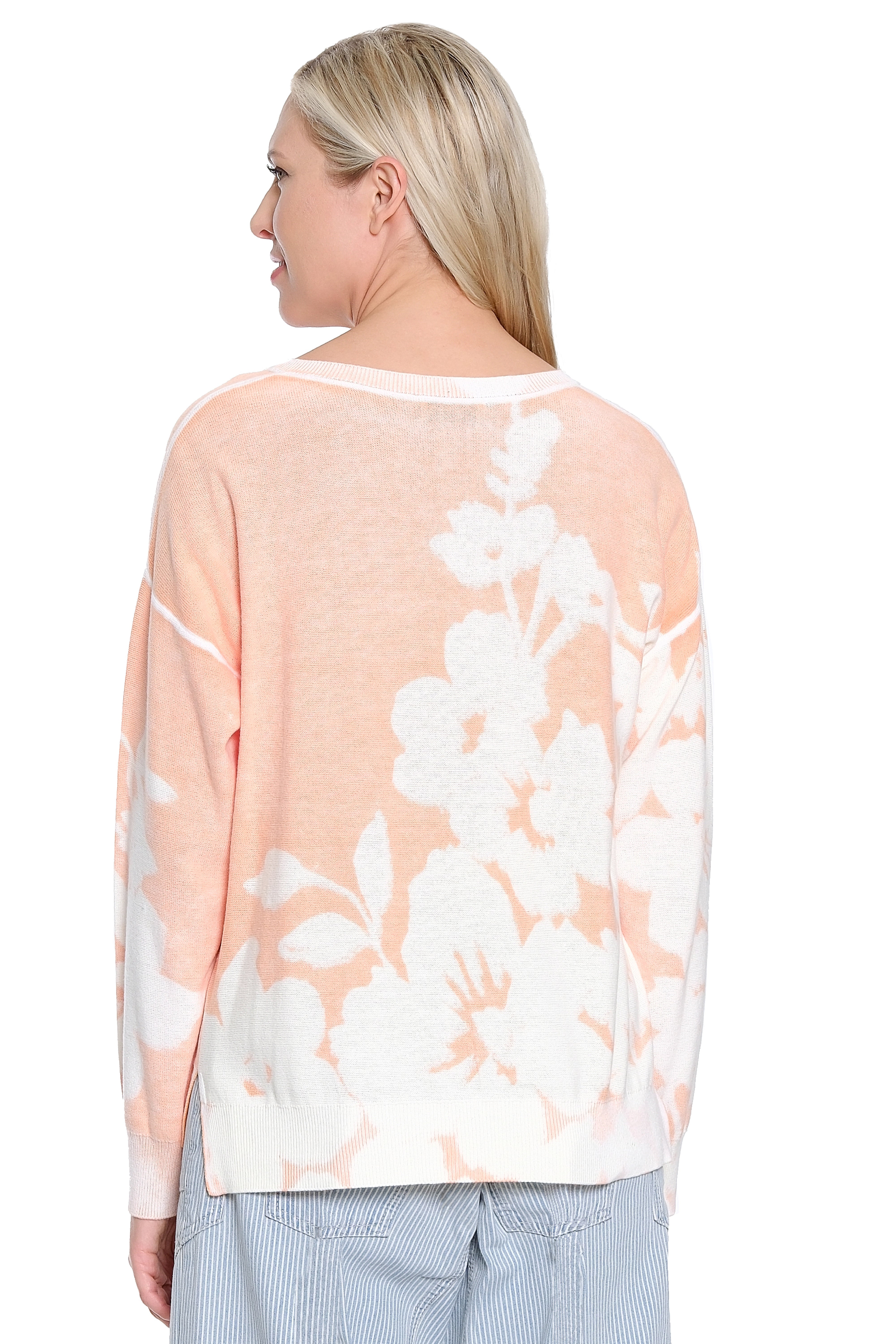 Reverse Print Split Neck Sweater - Coral
