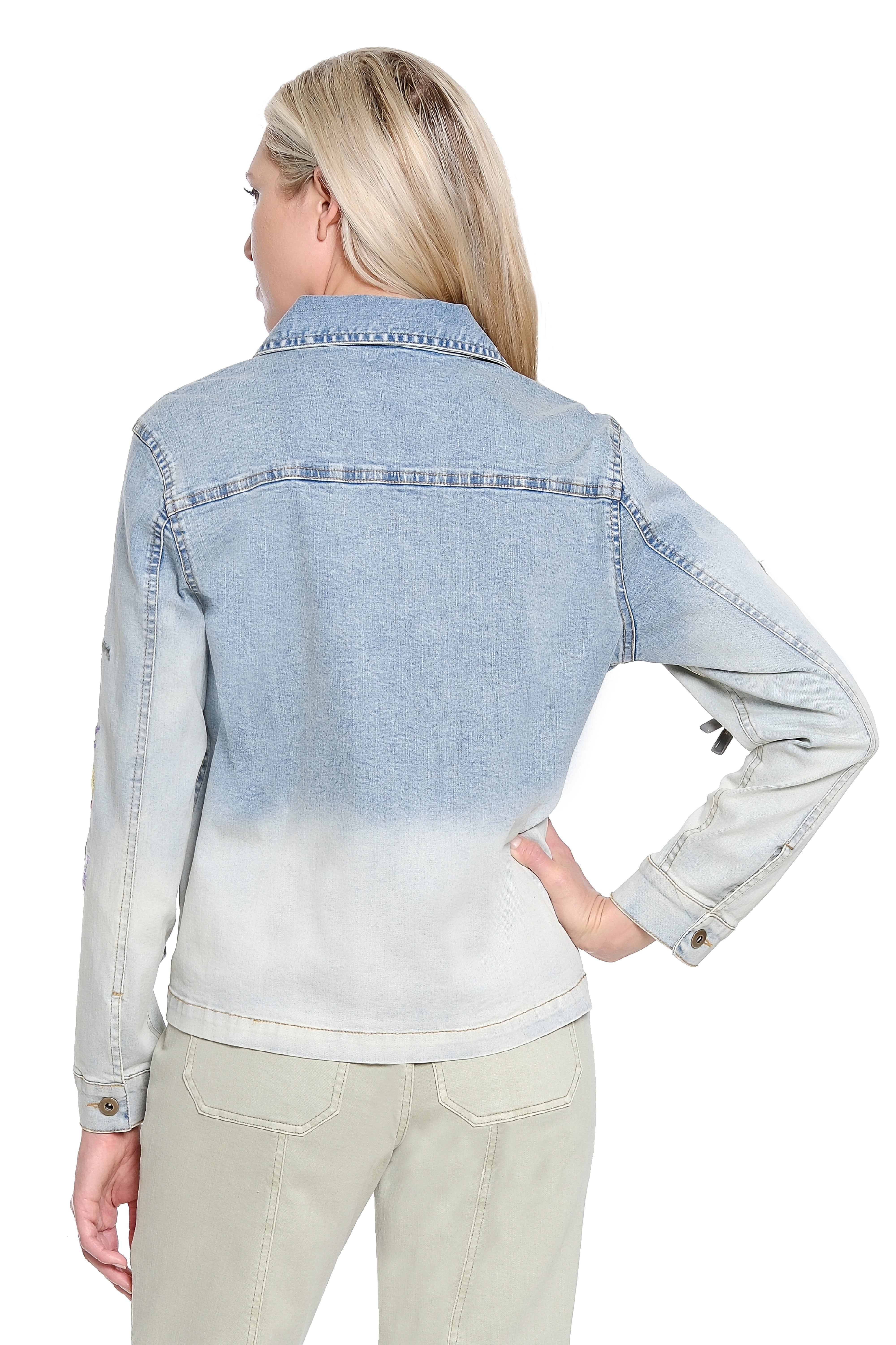 Dip-Dyed Embroidered Denim Jacket - Light Wash