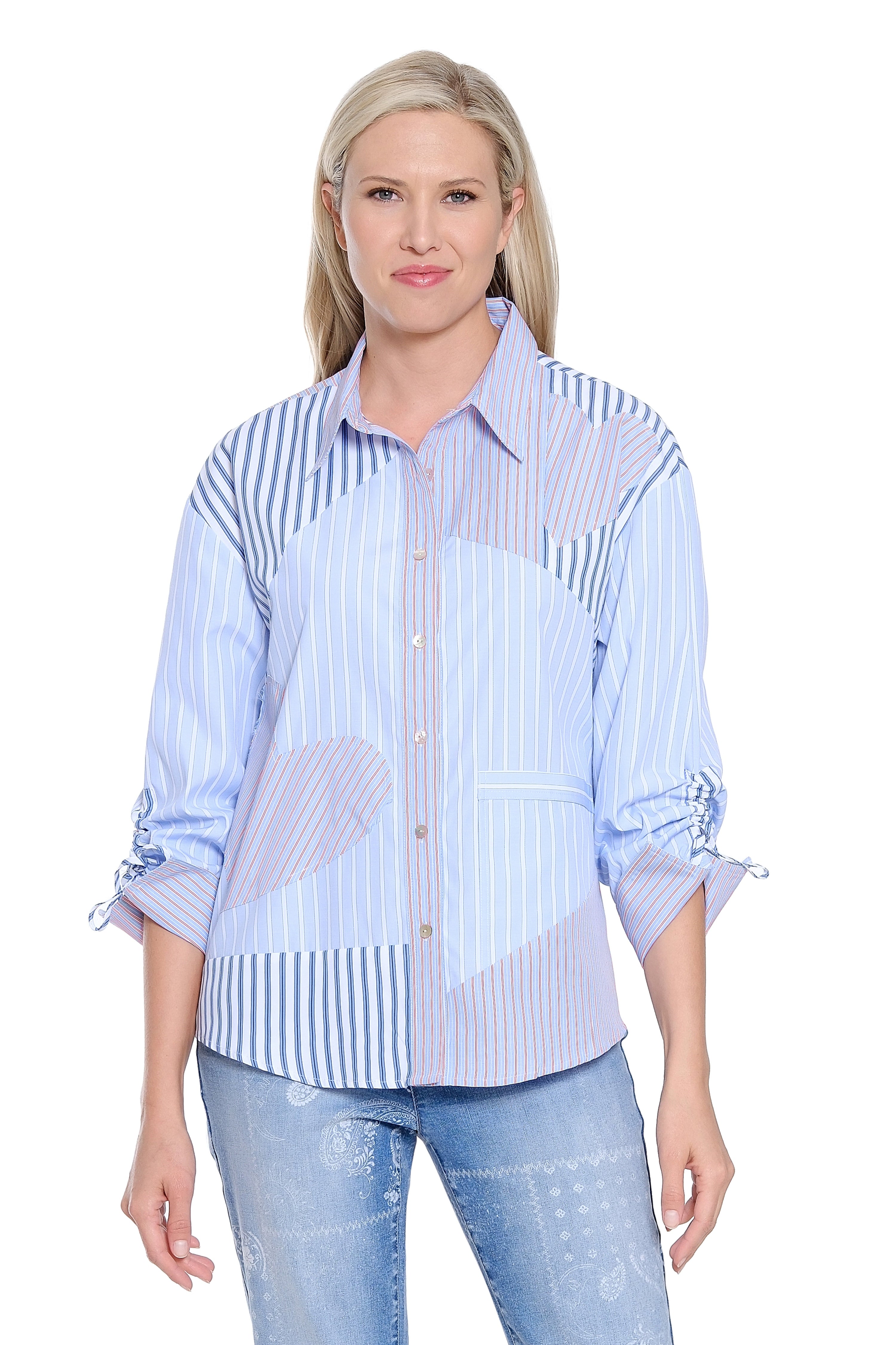 Mixed Stripe Pieced Shirt with Heart Patches - Blue Stripe