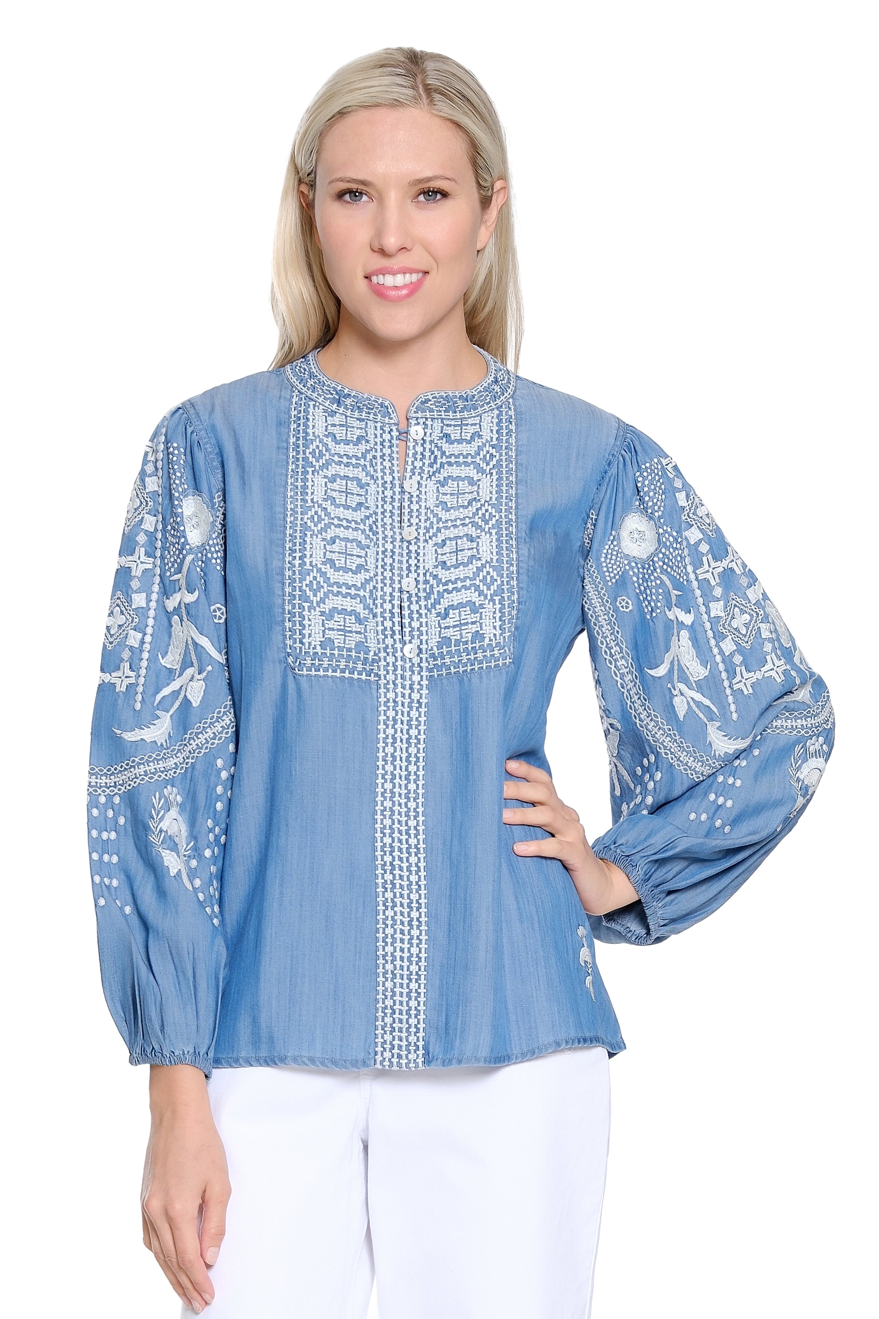 Chambray Popover with Embroidery - Light Blue