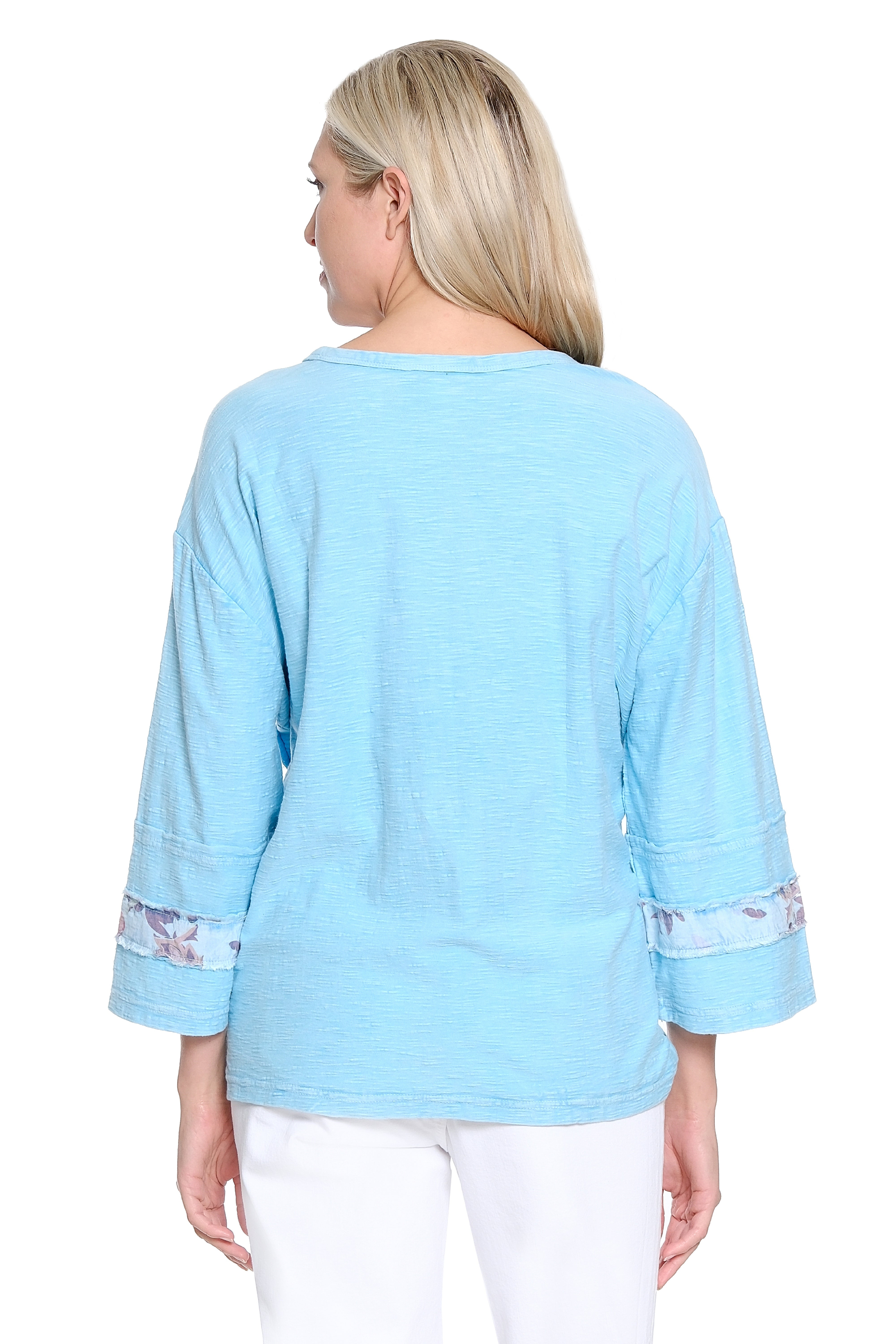 Garment Dyed Flower Applique Knit Top Sweatshirt - Light Blue