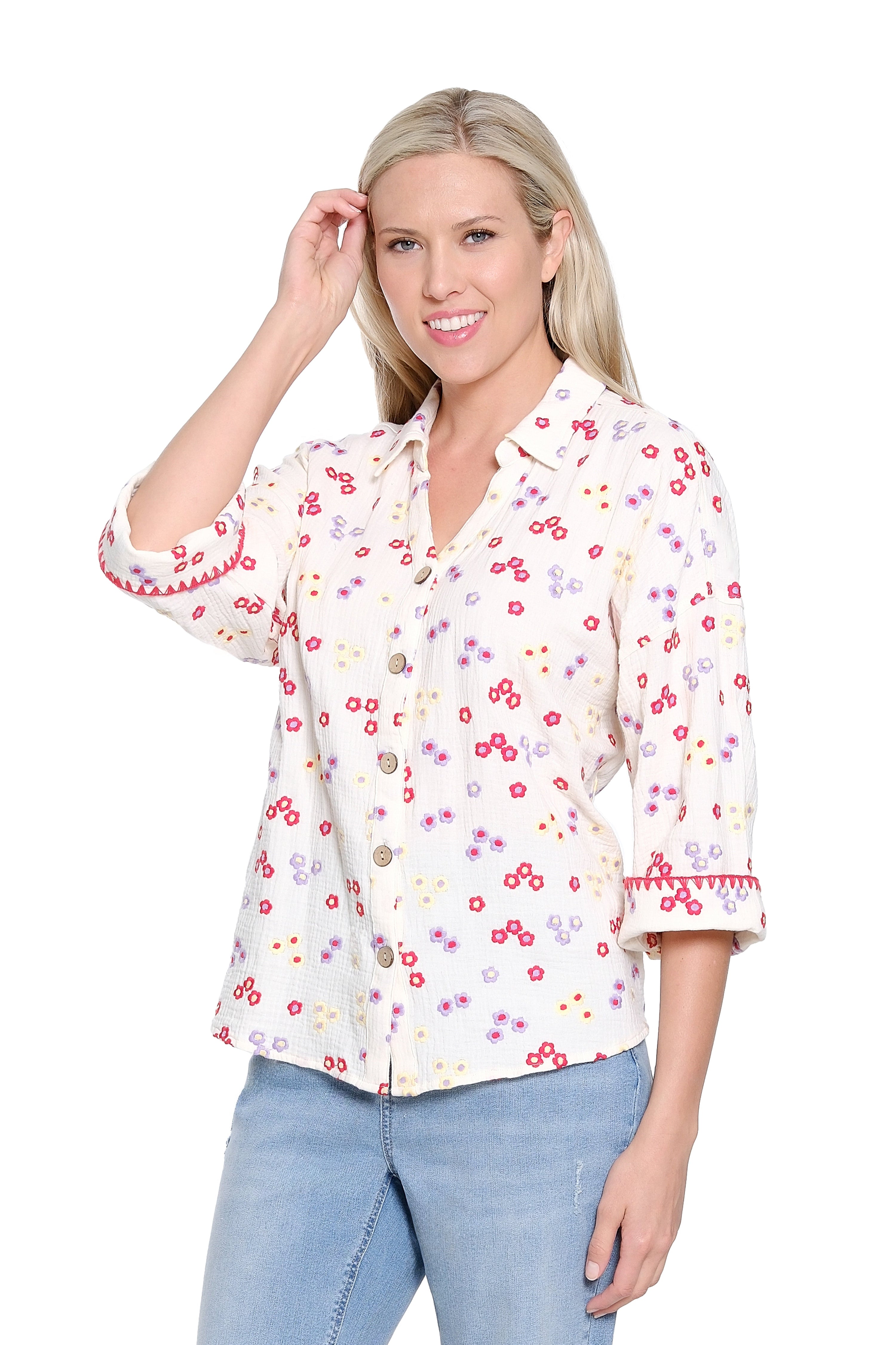3/4 Sleeve Button Up Shirt with Embroidery - Ivory