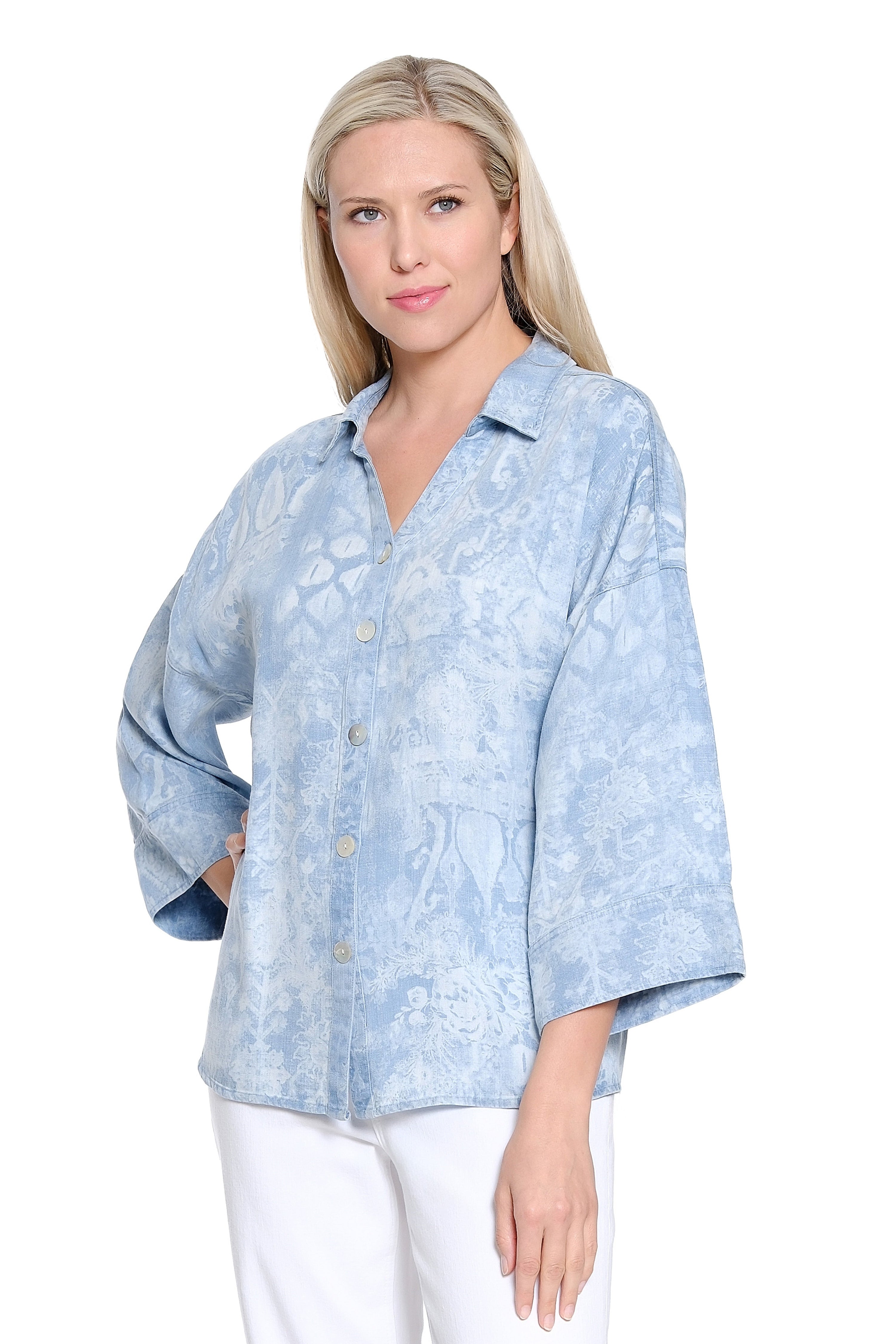 Print Chambray Button Up Top - Light Blue