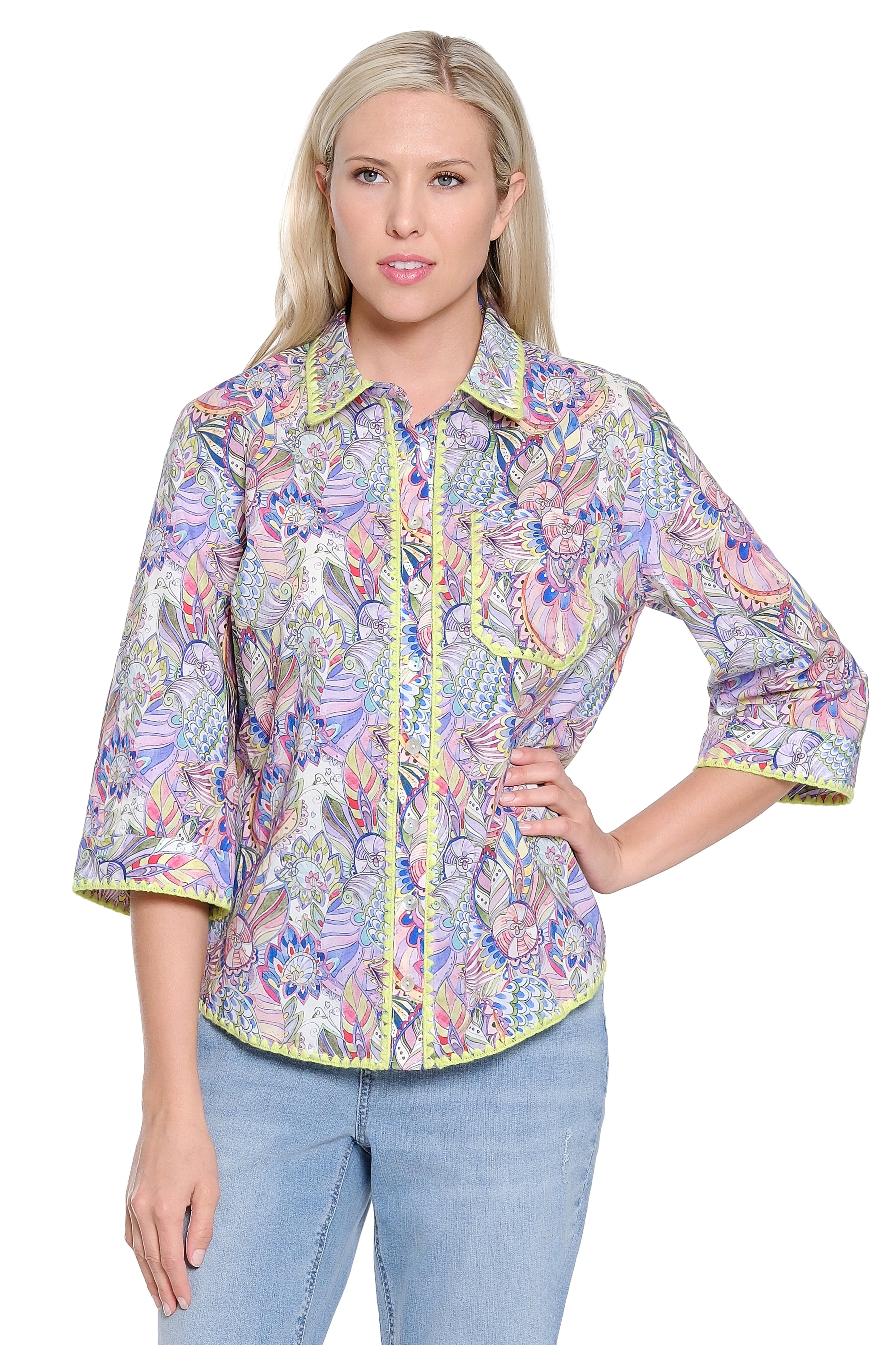 Crochet-Trim Print Shirt - Multi