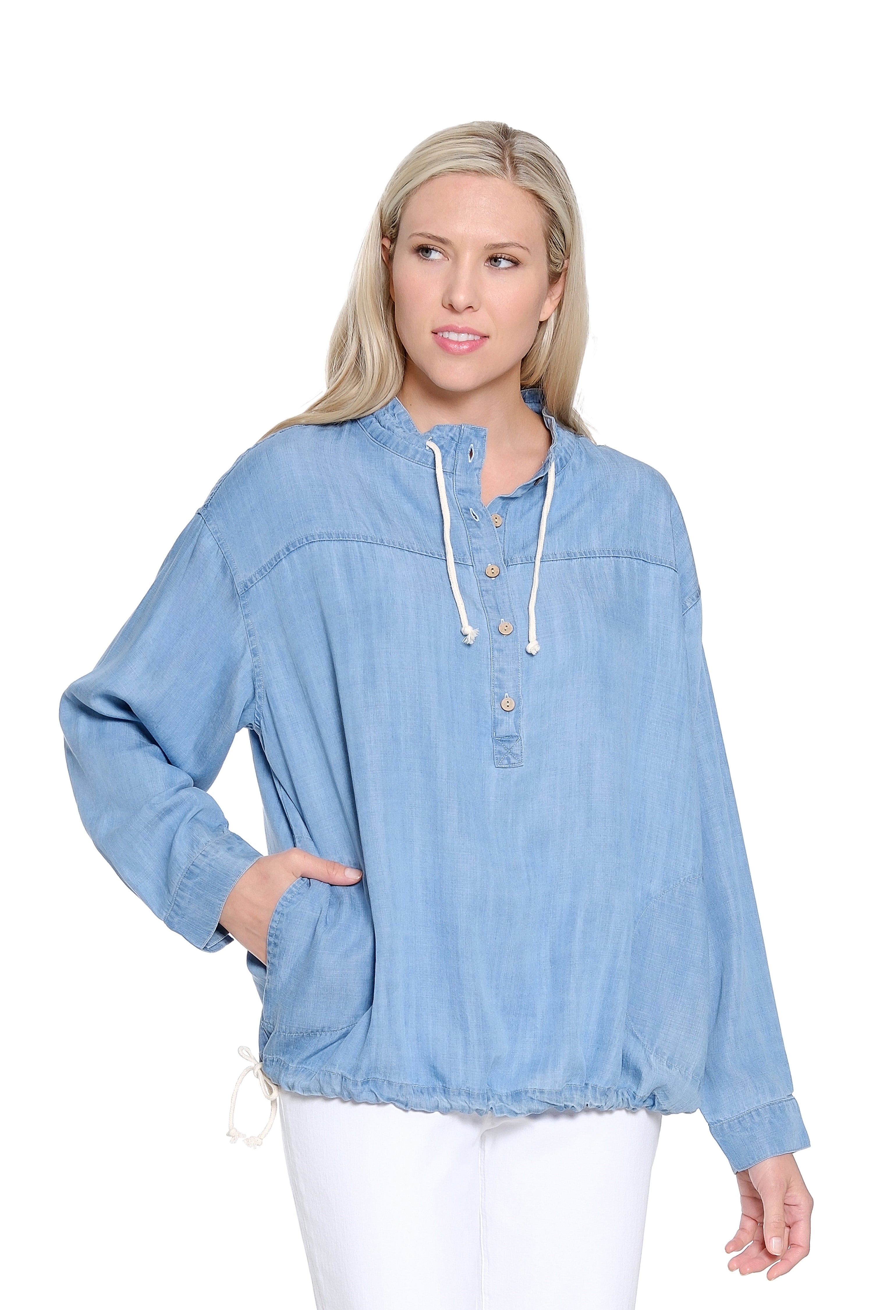 Popover Top with Drawstring Hem – Light Blue