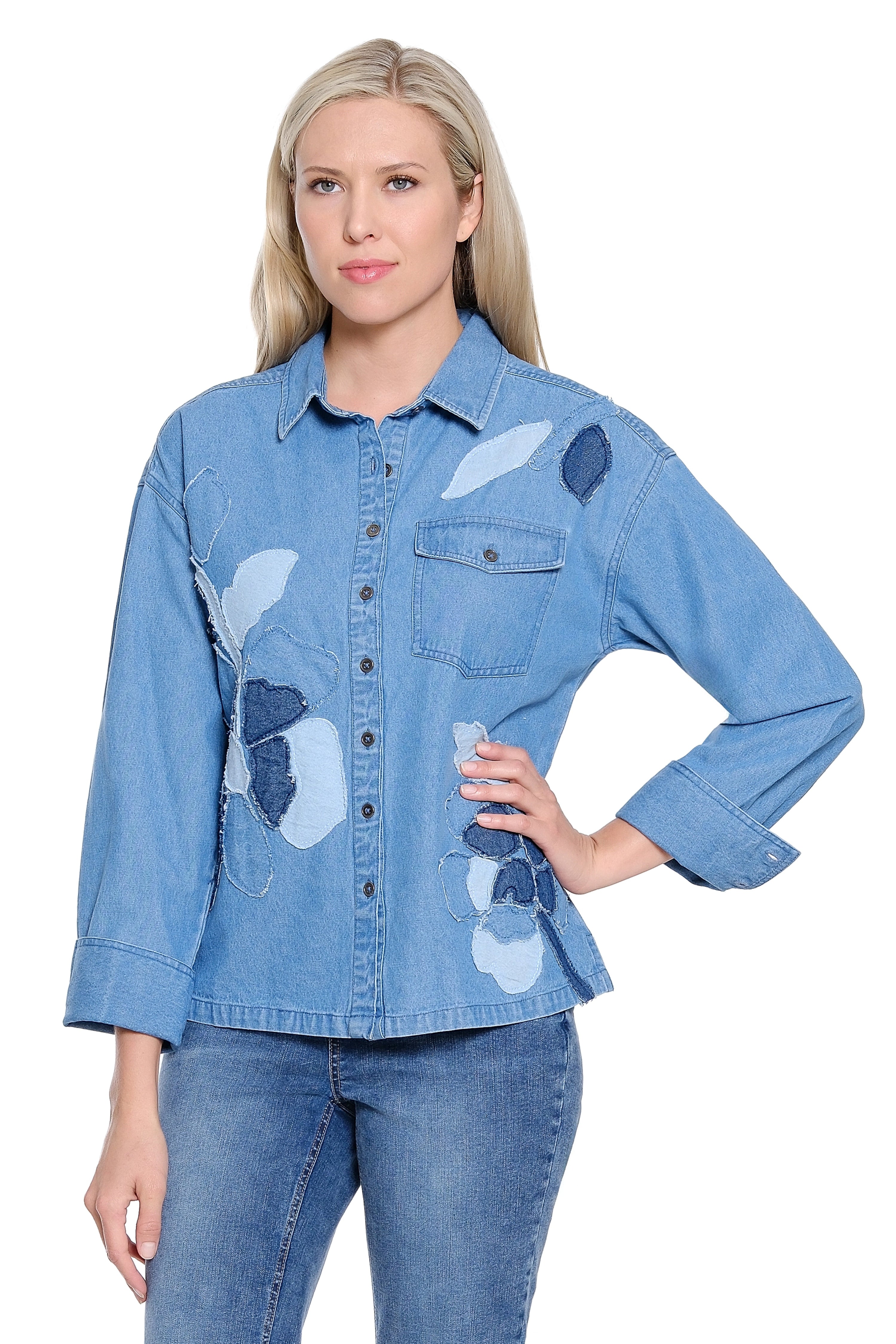 Denim Shirt Jacket with Flower Applique - Medium Indigo