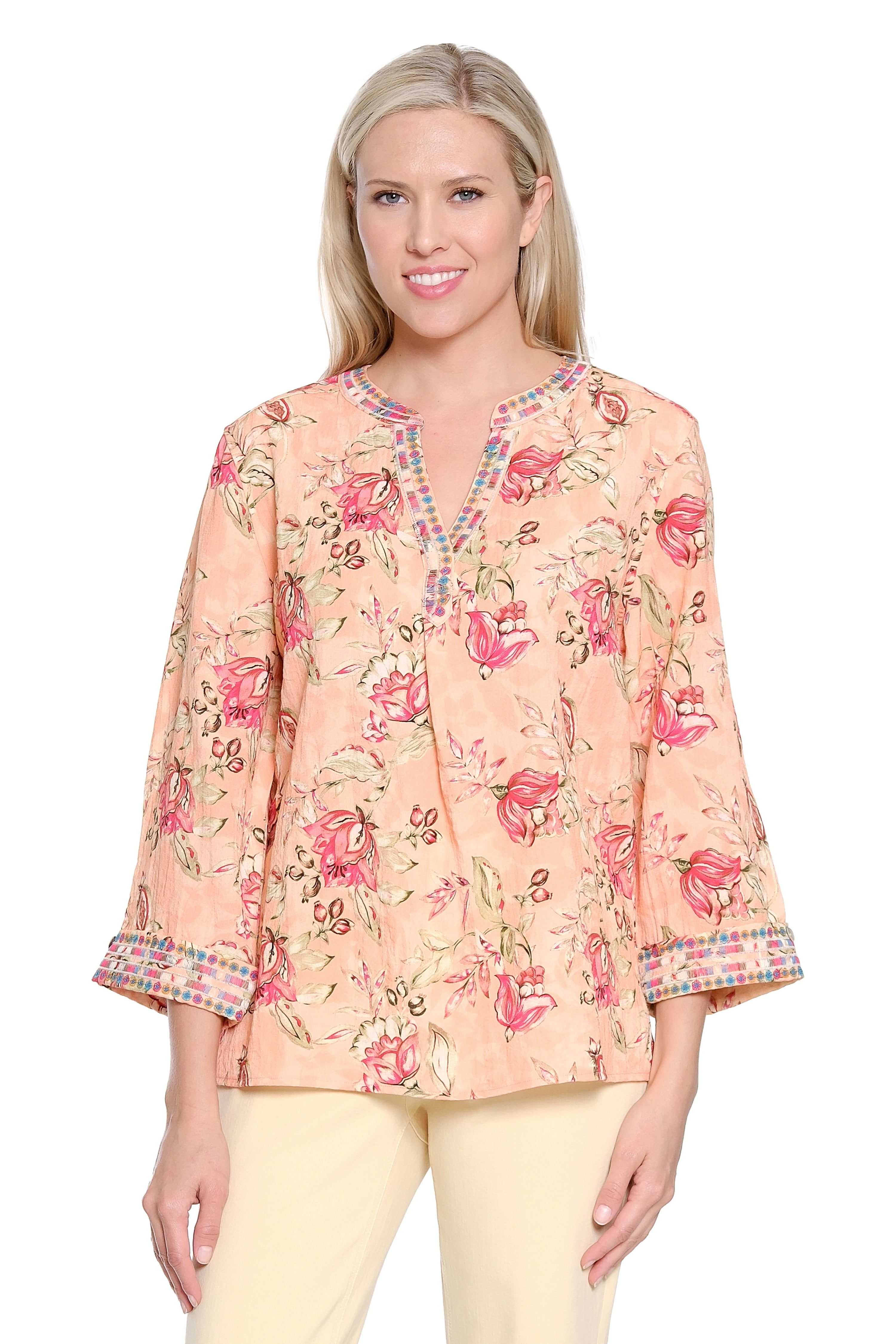 Split Neck Top with 3/4 Sleeves - Multi