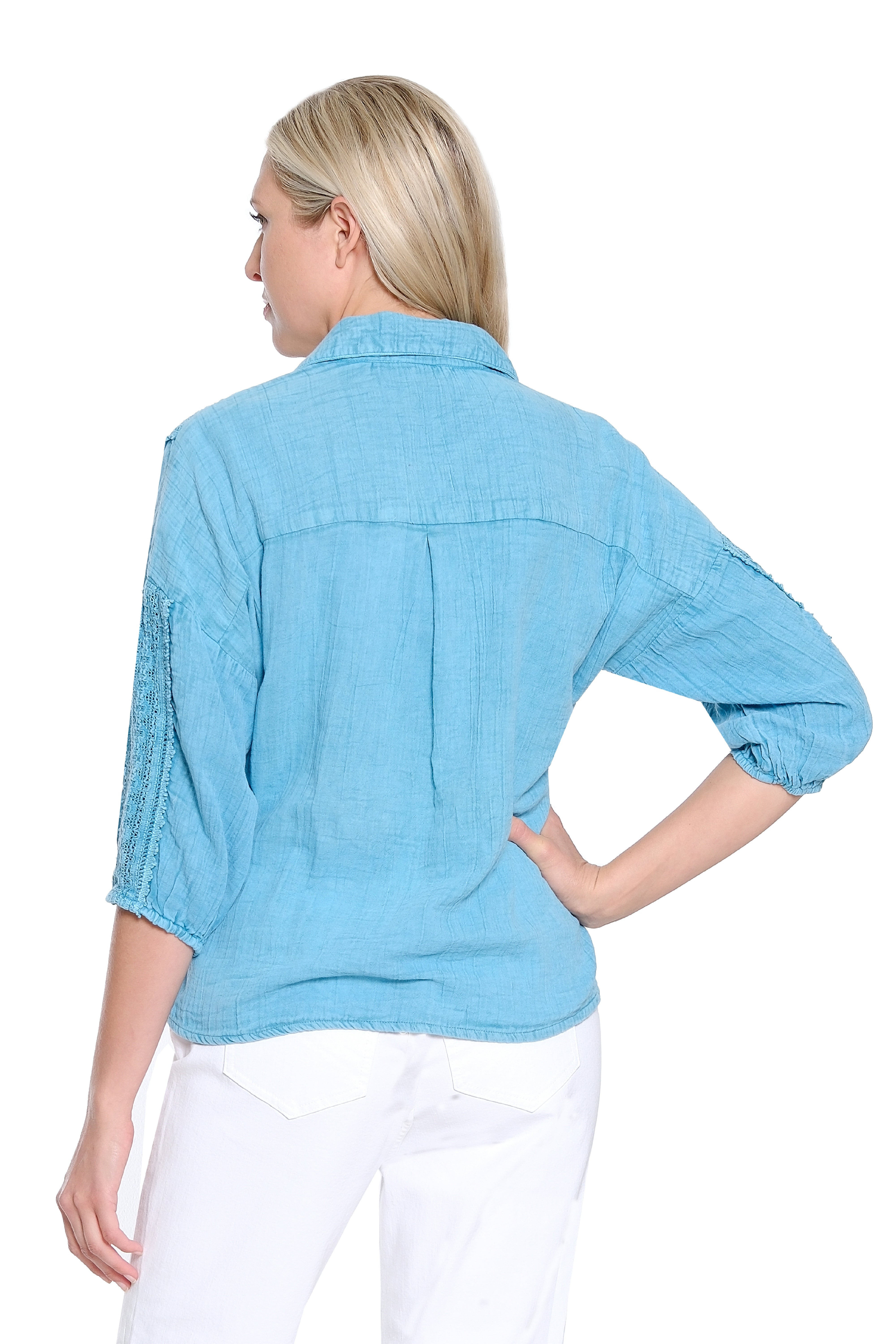 Lace Overlay Polo Collar Top - Aqua