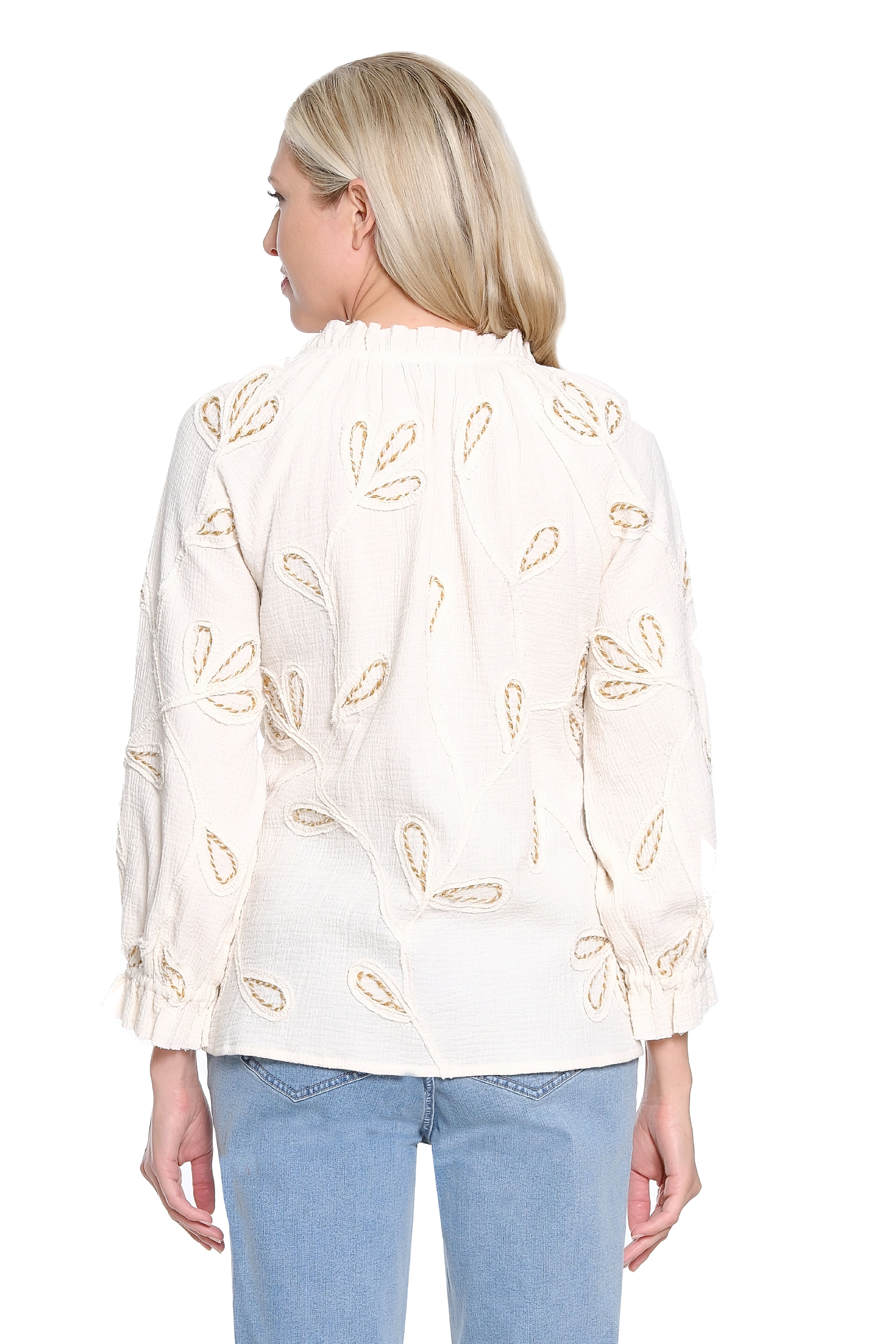 Tie Neck Popover with Cord Embroidery - Antique White