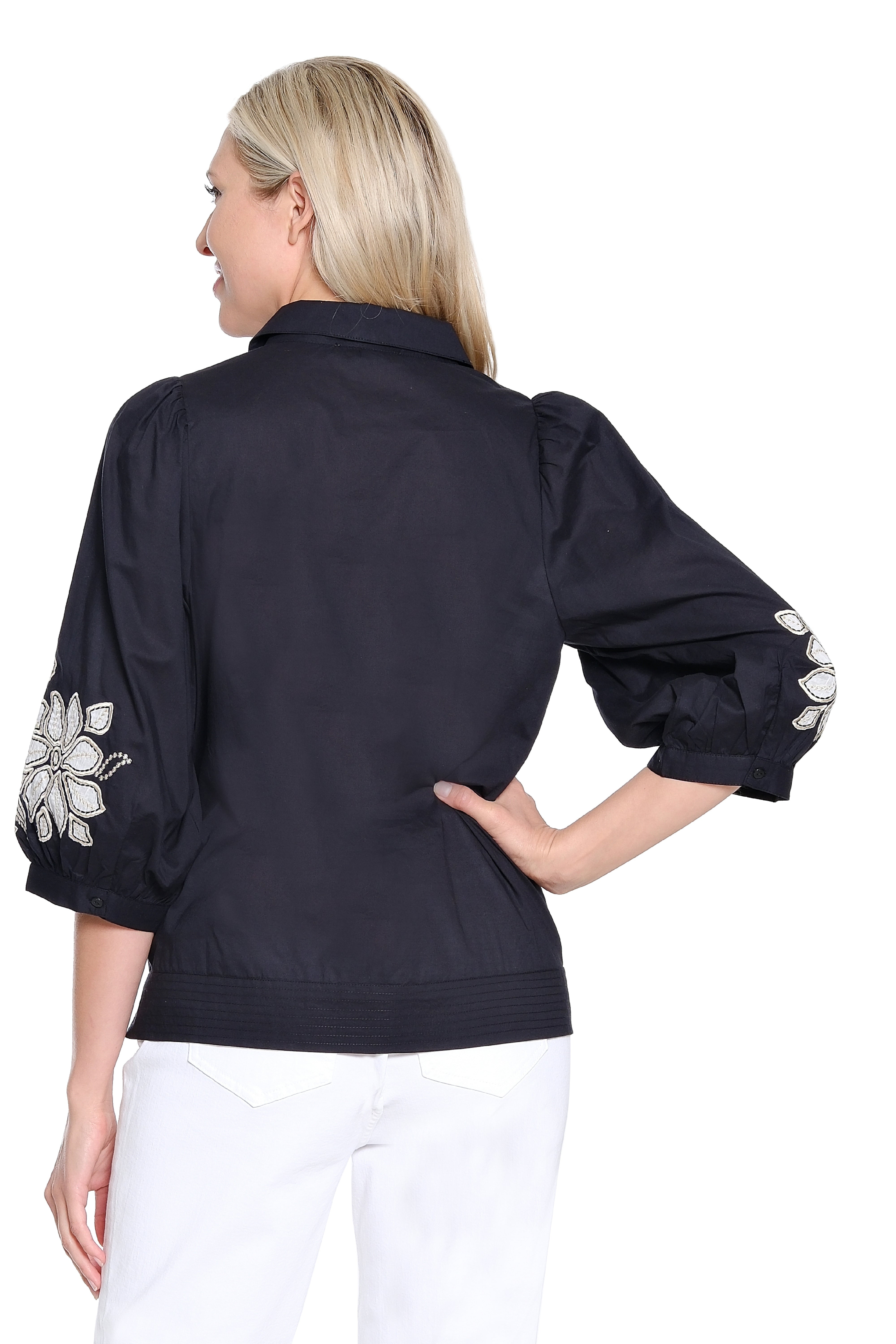 Floral Embroidered Popover Top - Black