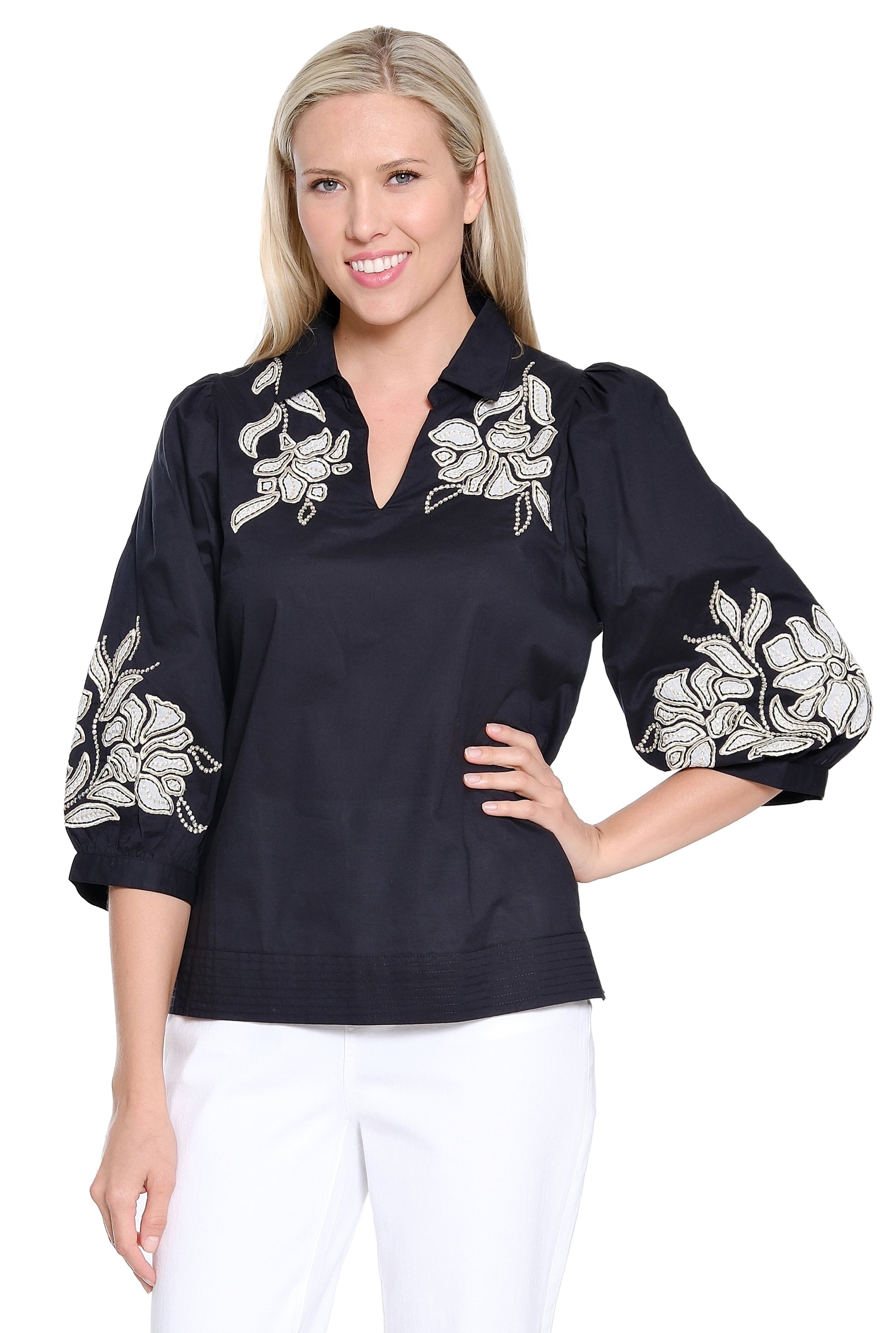 Floral Embroidered Popover Top - Black