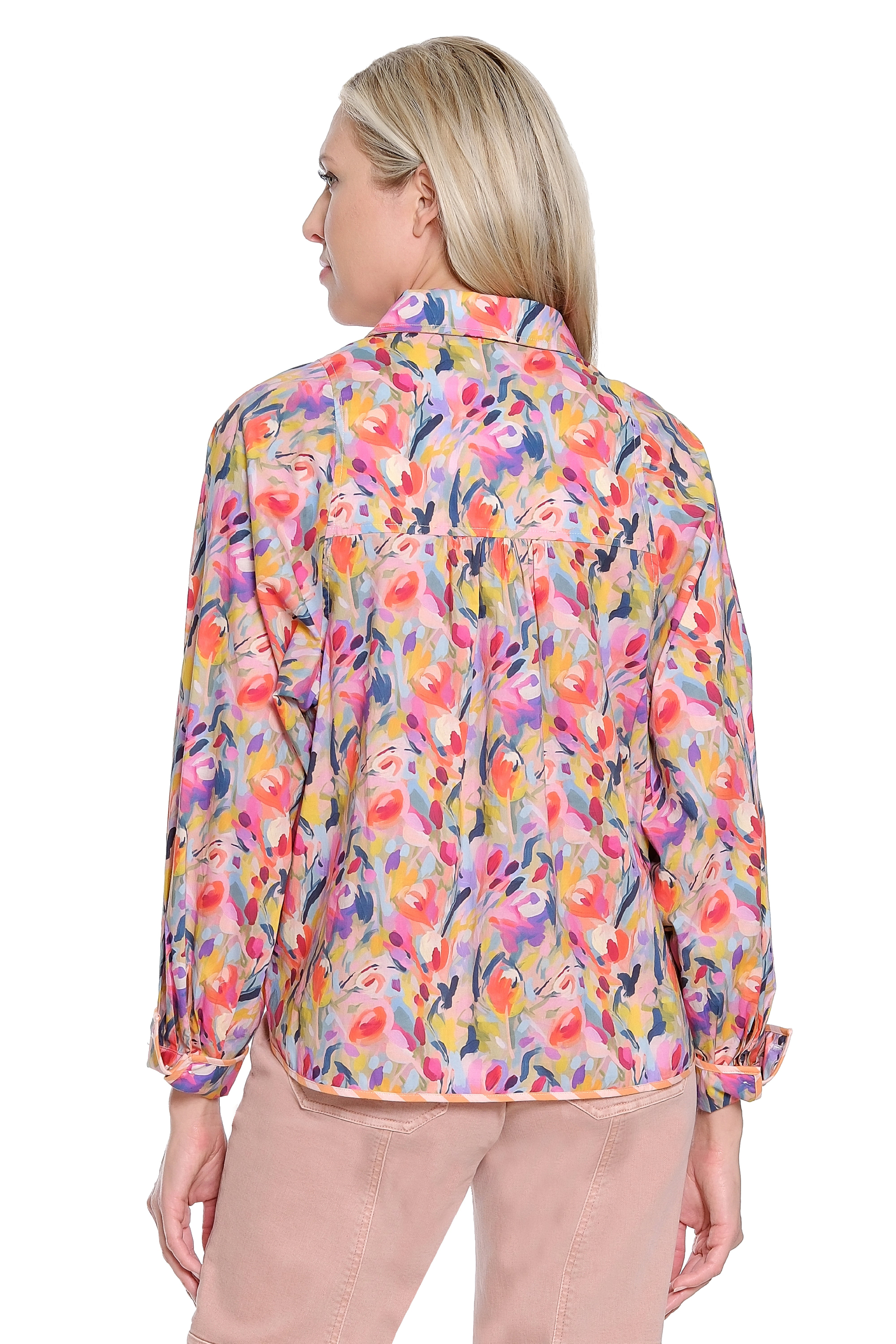 Print Balloon Sleeve Top with Stripe Trim - Multi