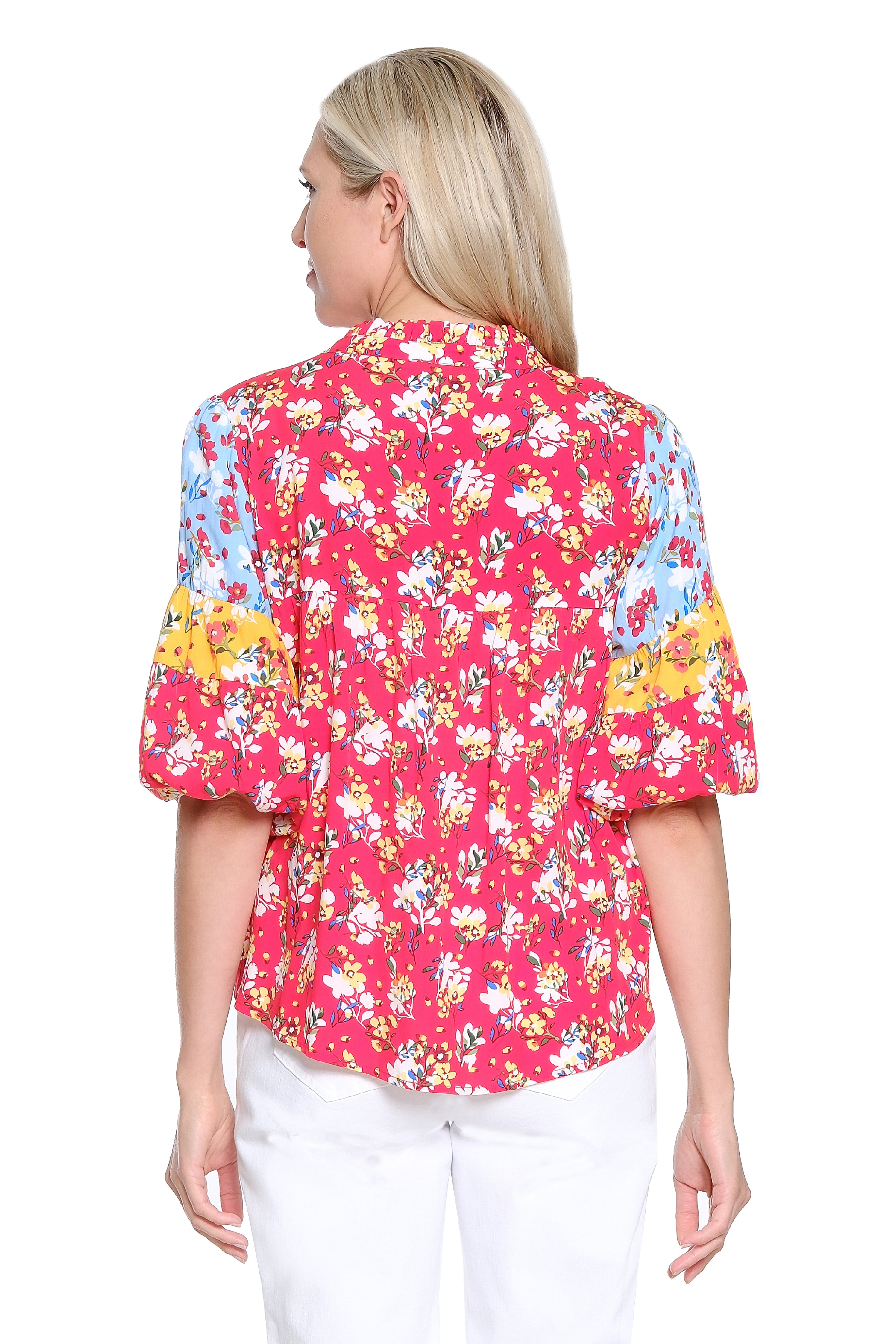 Mixed Print Tiered Sleeve Popover Top - Multi