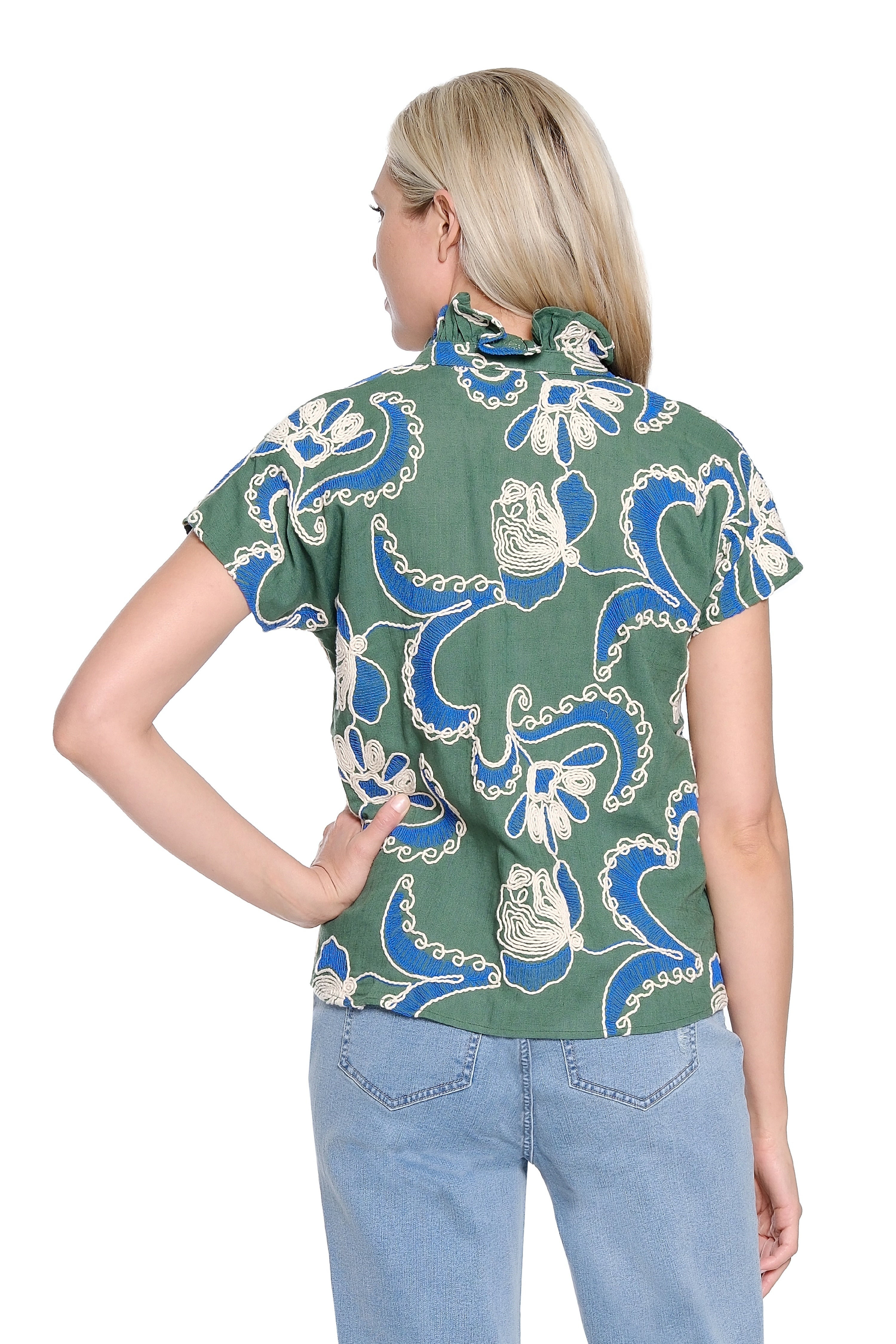 Ruched Neck Print Popover Top – Green