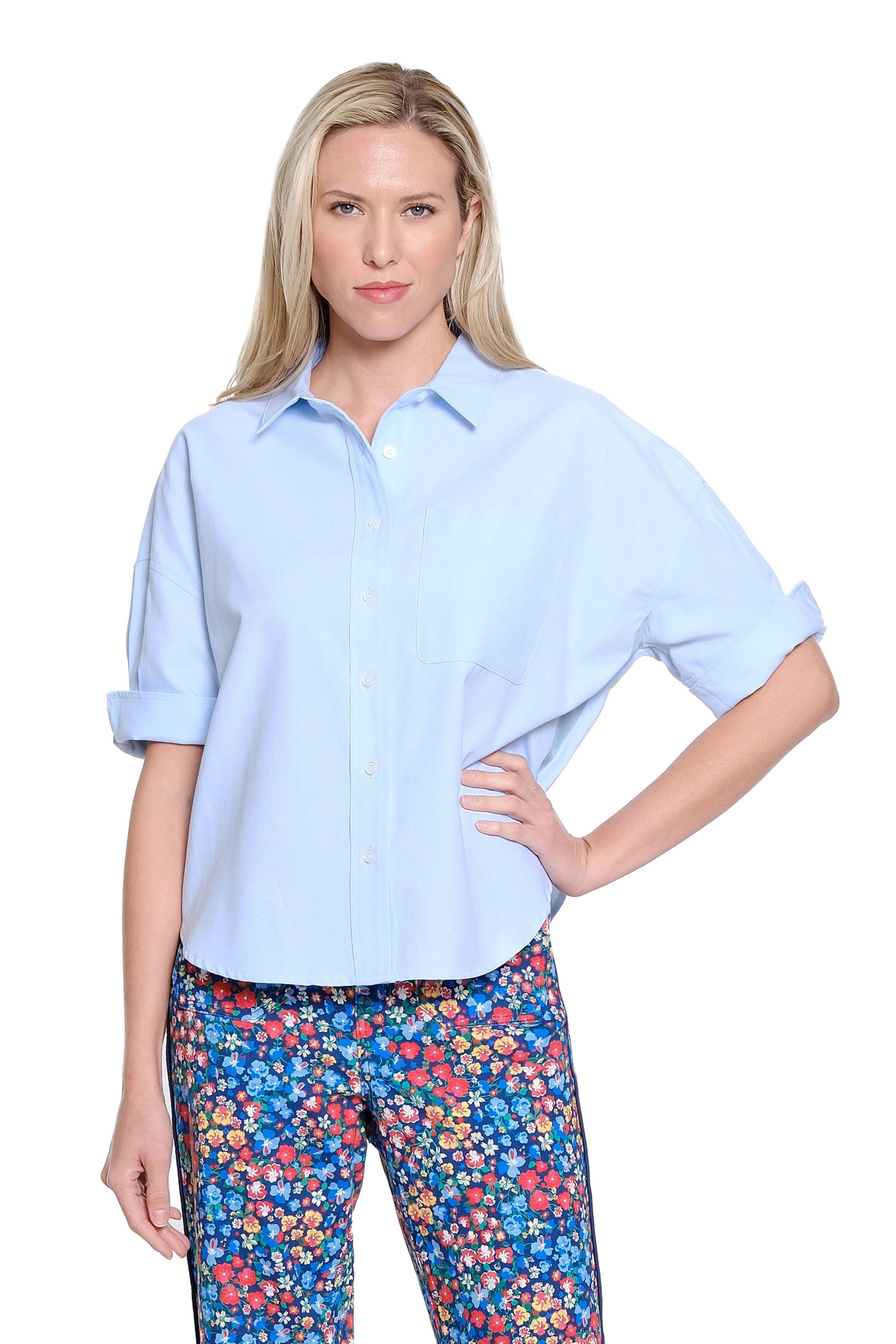 Boxy Shirt with Ribbon Trim - Blue