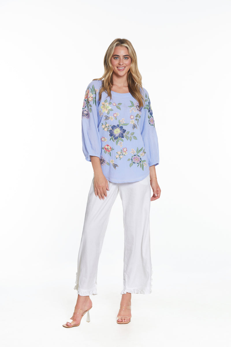 Embroidered Peasant Top - Blue