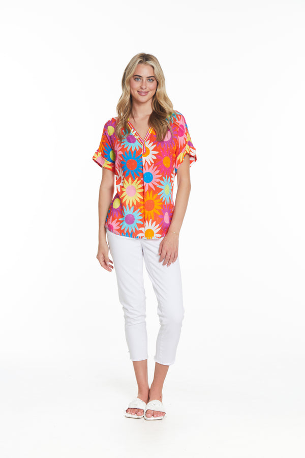 Embroidered Print Top- Multi
