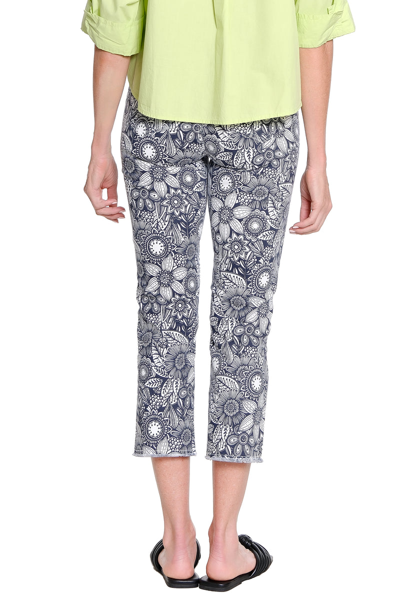Asymmetrical Printed Crop Step Fray Hem Jean - Black Floral